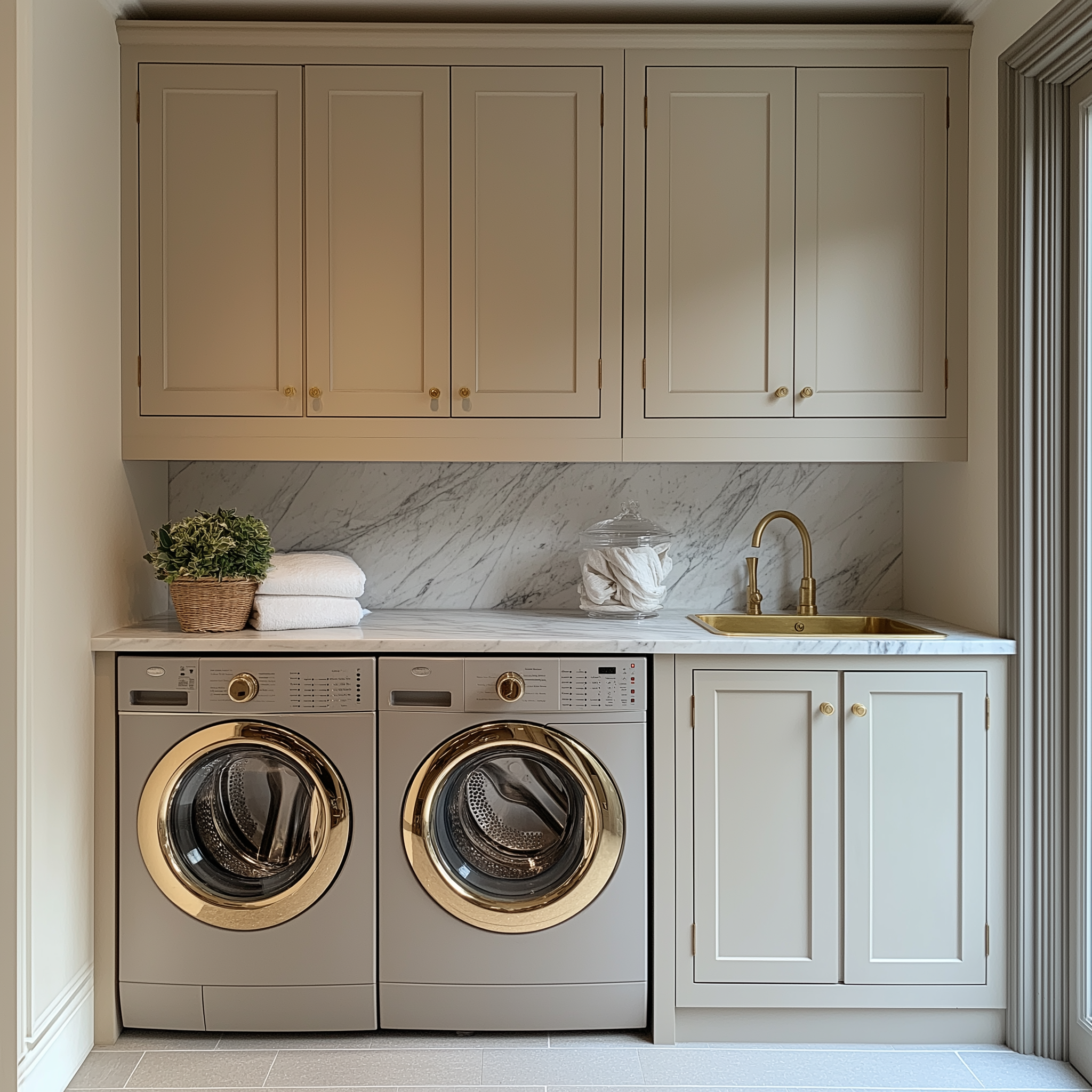 An elegant laundry room featuring soft beige cabinetry, a marble backsplash, a gold sink and faucet, and gold-accented washer and dryer units.