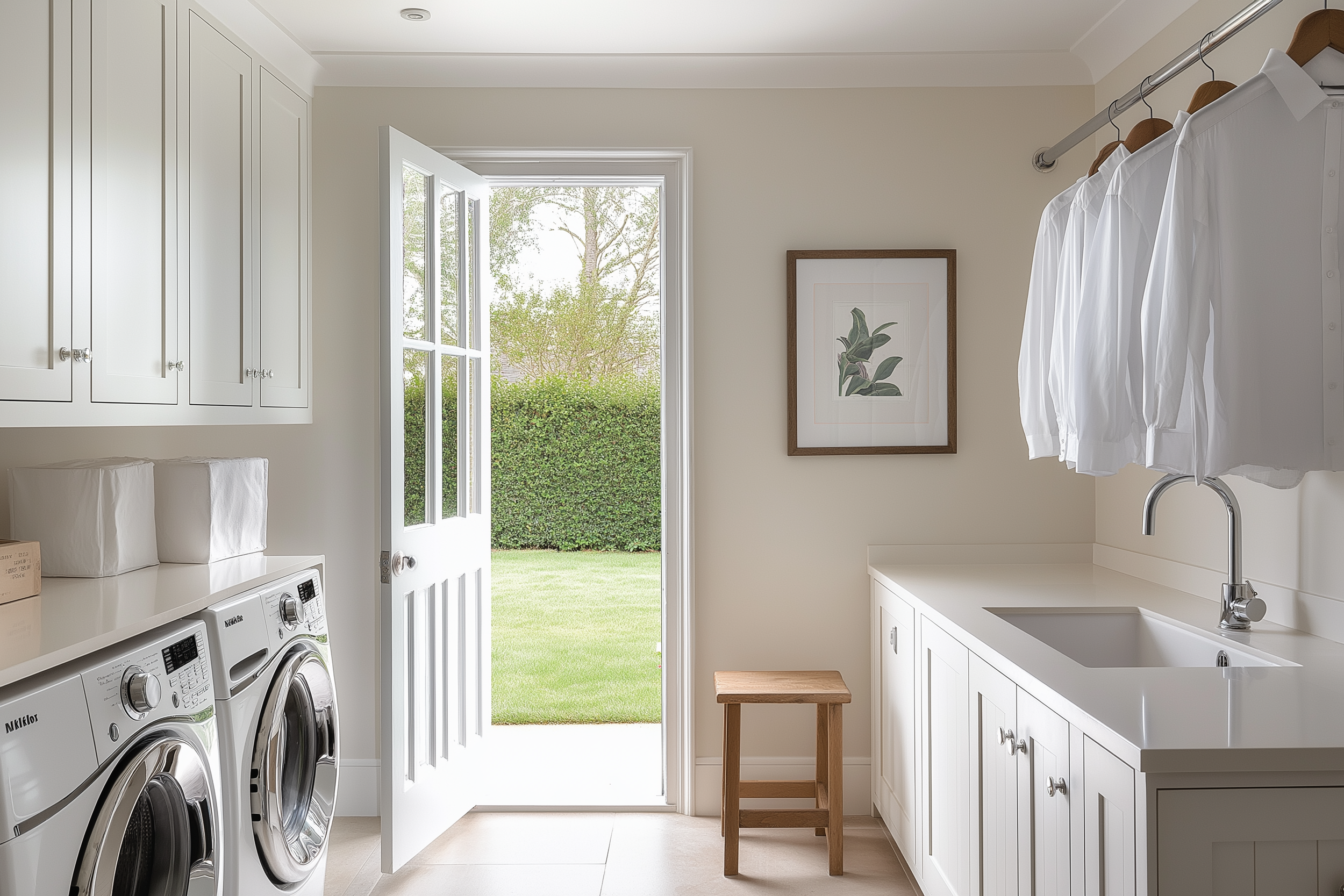 A light-filled laundry room with French doors opening to a garden, featuring white cabinetry, a quartz countertop, a hanging rail for drying clothes, and a wooden stool for added functionality.