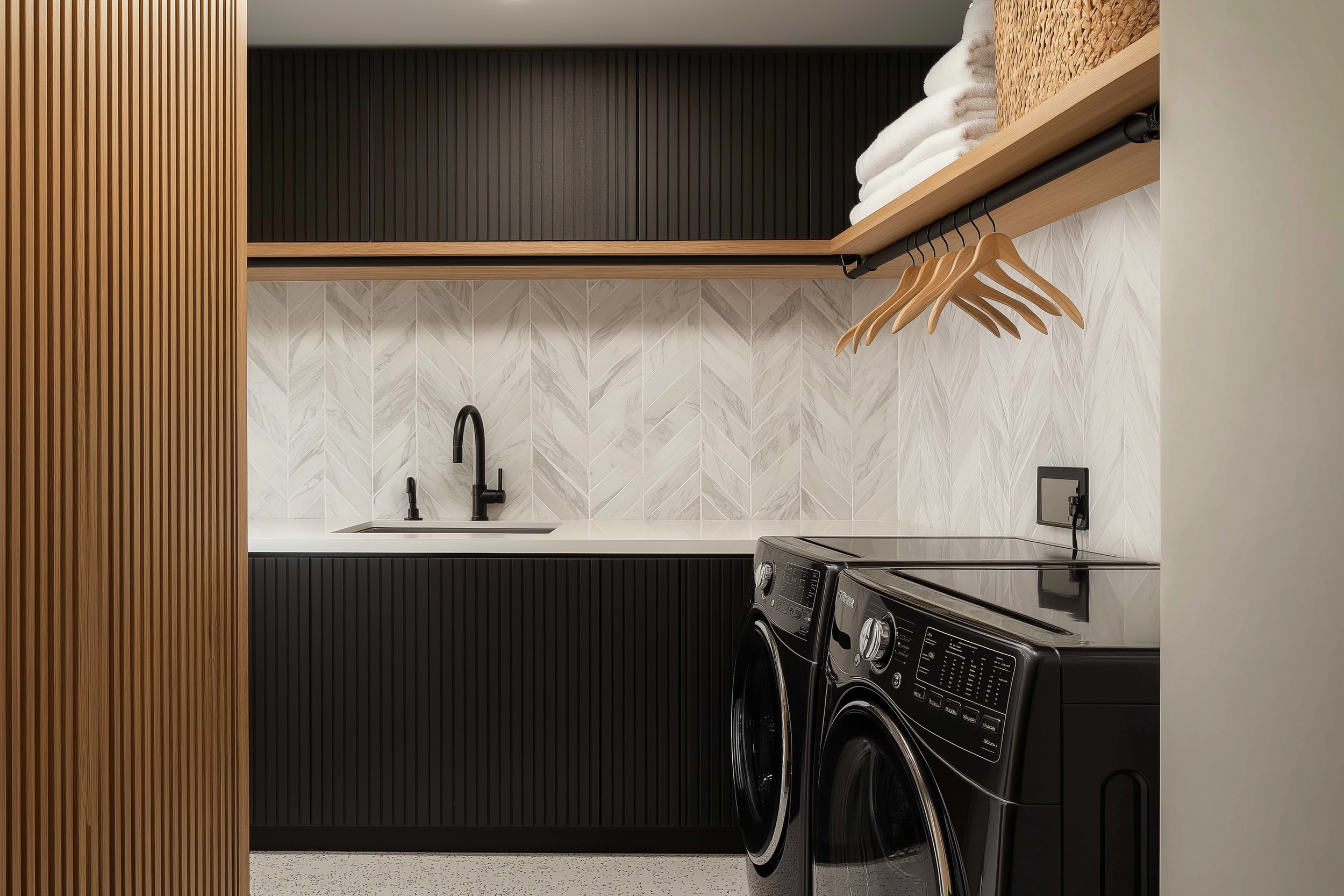 Modern black laundry room with ribbed cabinetry, chevron marble backsplash, open wooden shelving, and black washer and dryer set, accented by a matte black faucet and natural wood details.