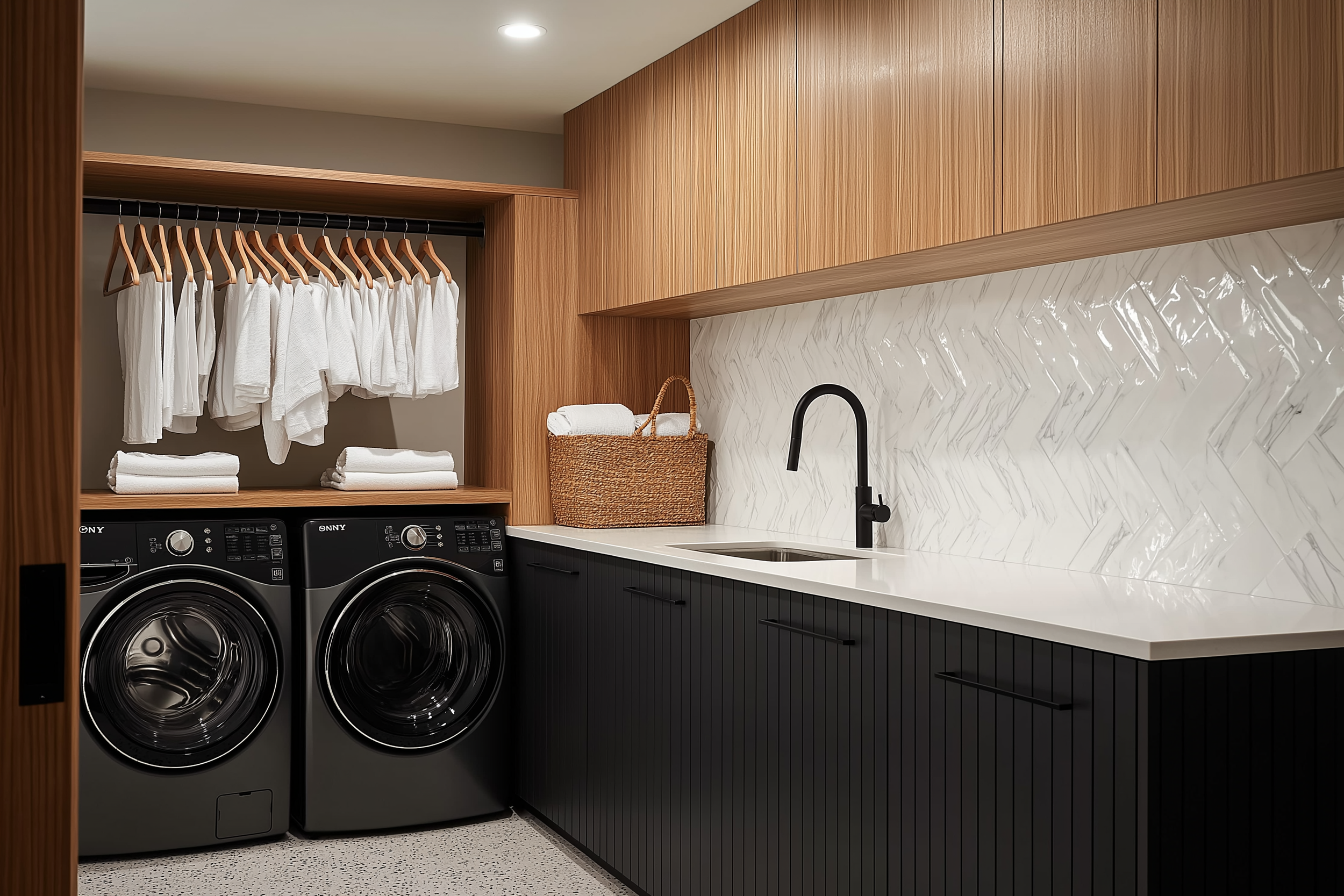 A luxurious modern laundry room featuring a herringbone tile backsplash, warm wood cabinets, matte black washer and dryer, and a sleek black faucet. Woven storage baskets and neatly hung white shirts add a touch of organization and style.