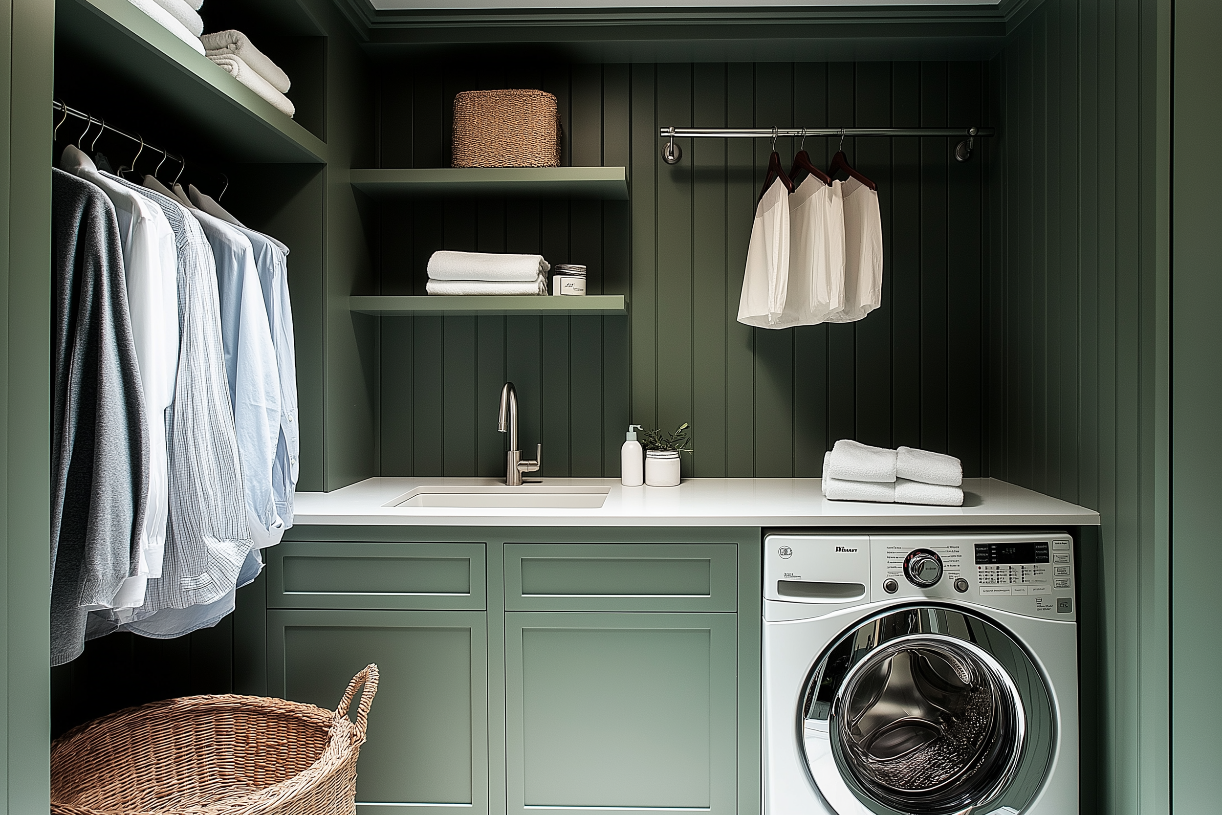 A stunning forest green laundry room with paneled walls, white quartz countertop, stainless steel faucet, and a woven basket on the floor. Shelves above display folded towels and hanging clothes, showcasing a clean and elegant design.