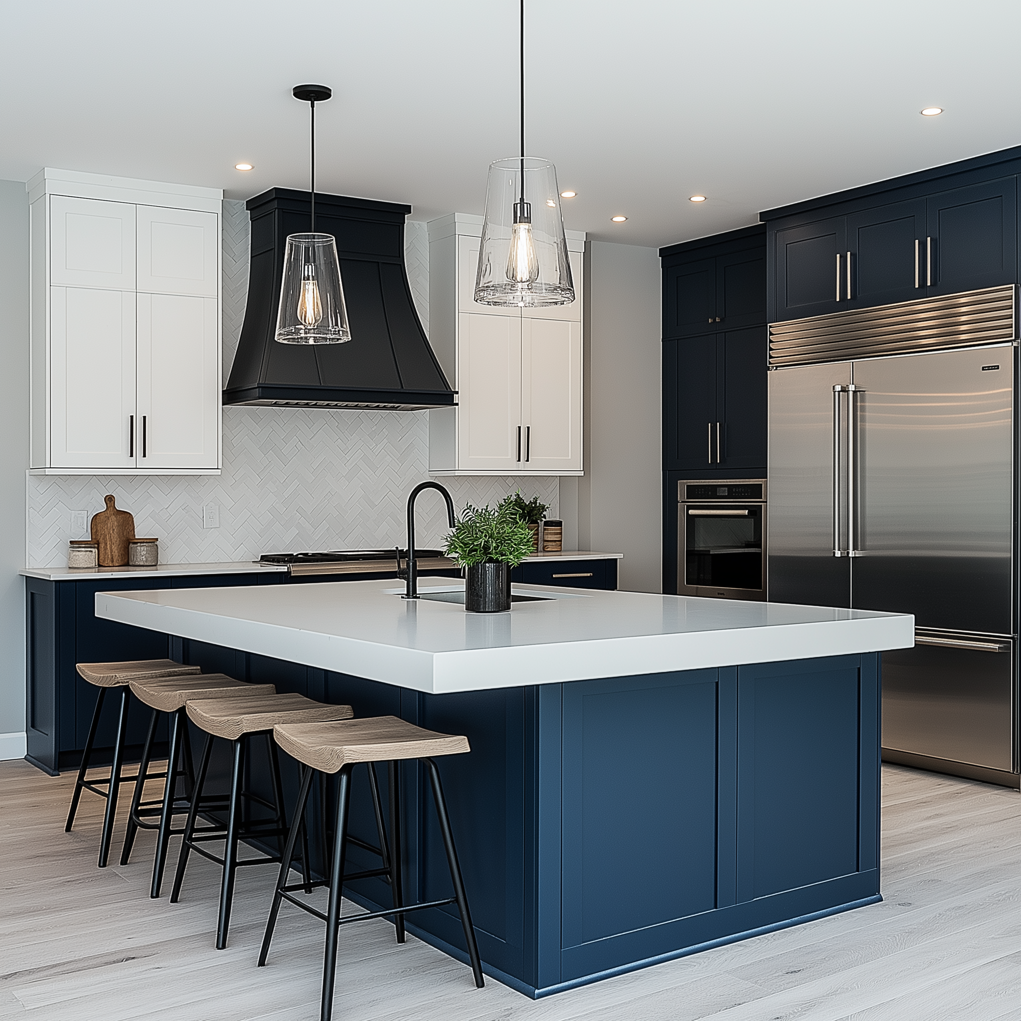 A modern kitchen design featuring a navy blue island, white cabinetry, stainless steel appliances, and minimalist pendant lights for a luxurious and sleek aesthetic.