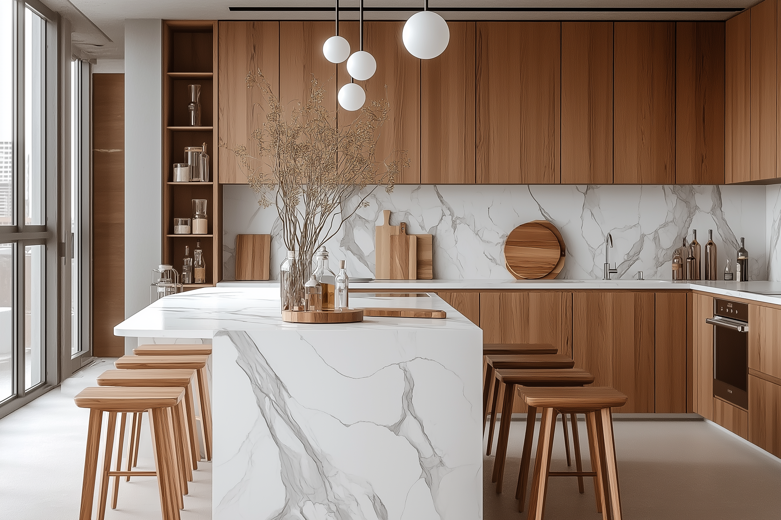 Modern kitchen design featuring wooden cabinets, a marble waterfall island, minimalist pendant lights, and sleek open shelving for a contemporary, organic look.