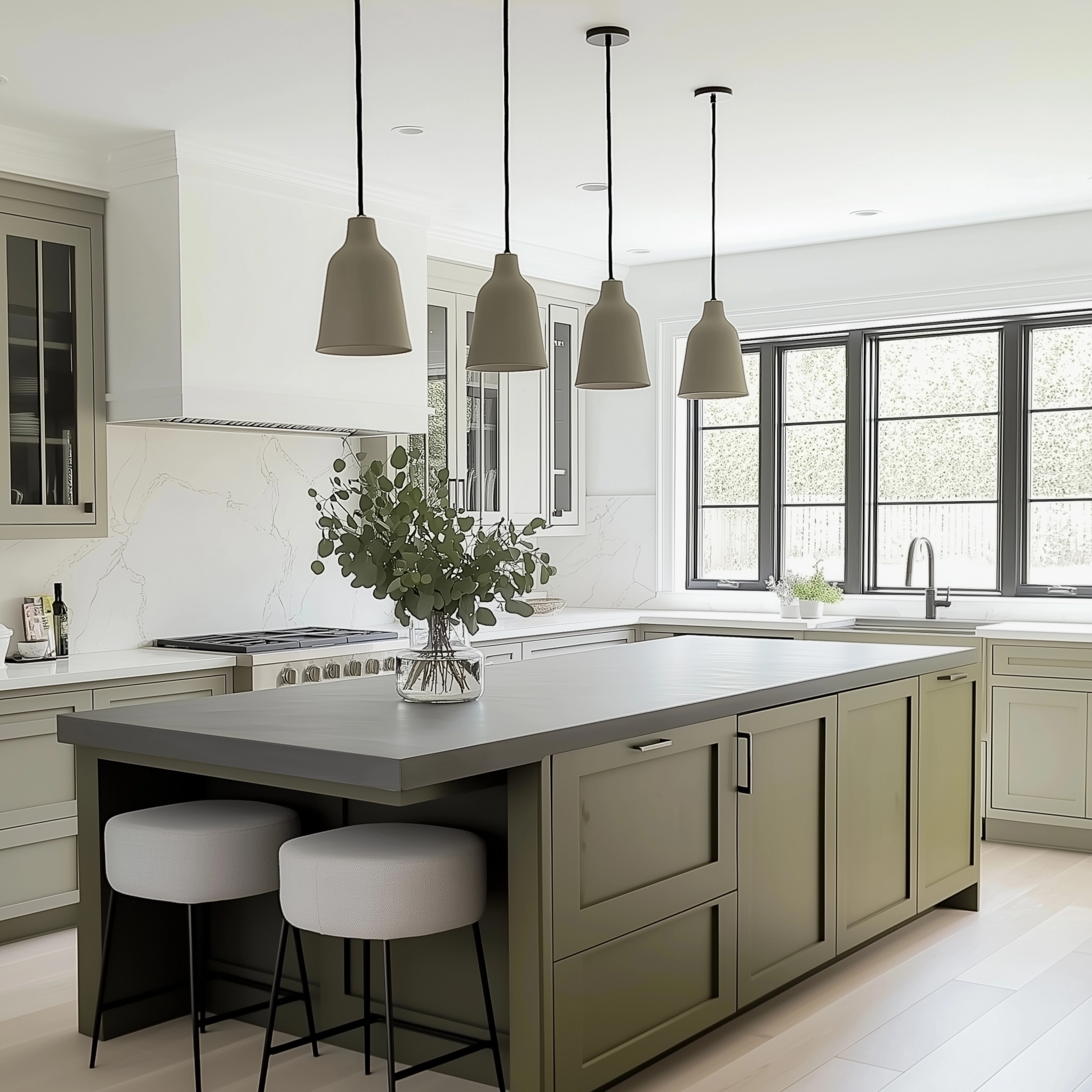 Modern kitchen design featuring sage green cabinets, matte countertops, white marble backsplash, black window frames, and sleek pendant lighting for a sophisticated and functional look.