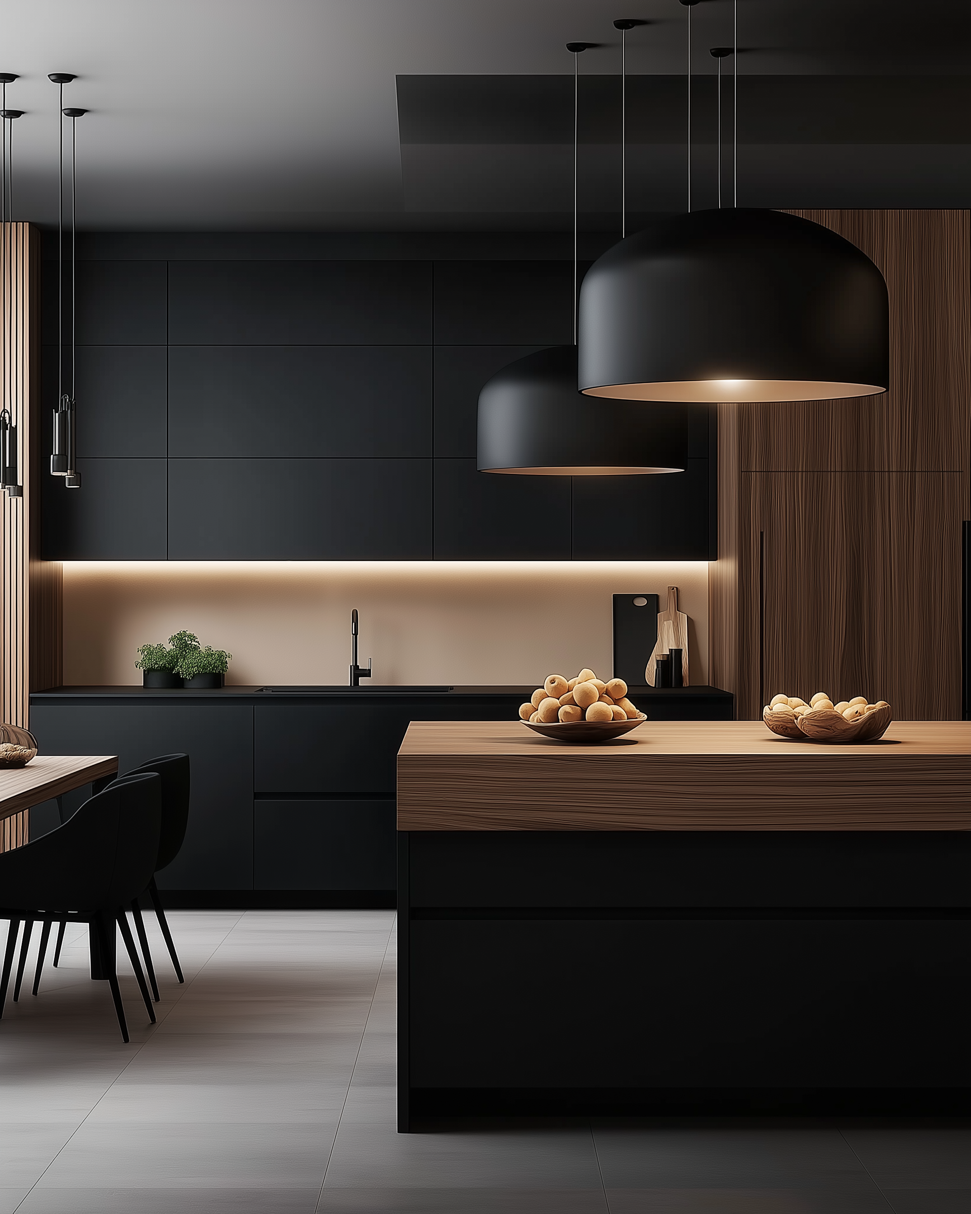 Modern black kitchen with matte black cabinetry, warm wooden island, oversized pendant lighting, and subtle under-cabinet lighting creating a sleek and moody aesthetic.