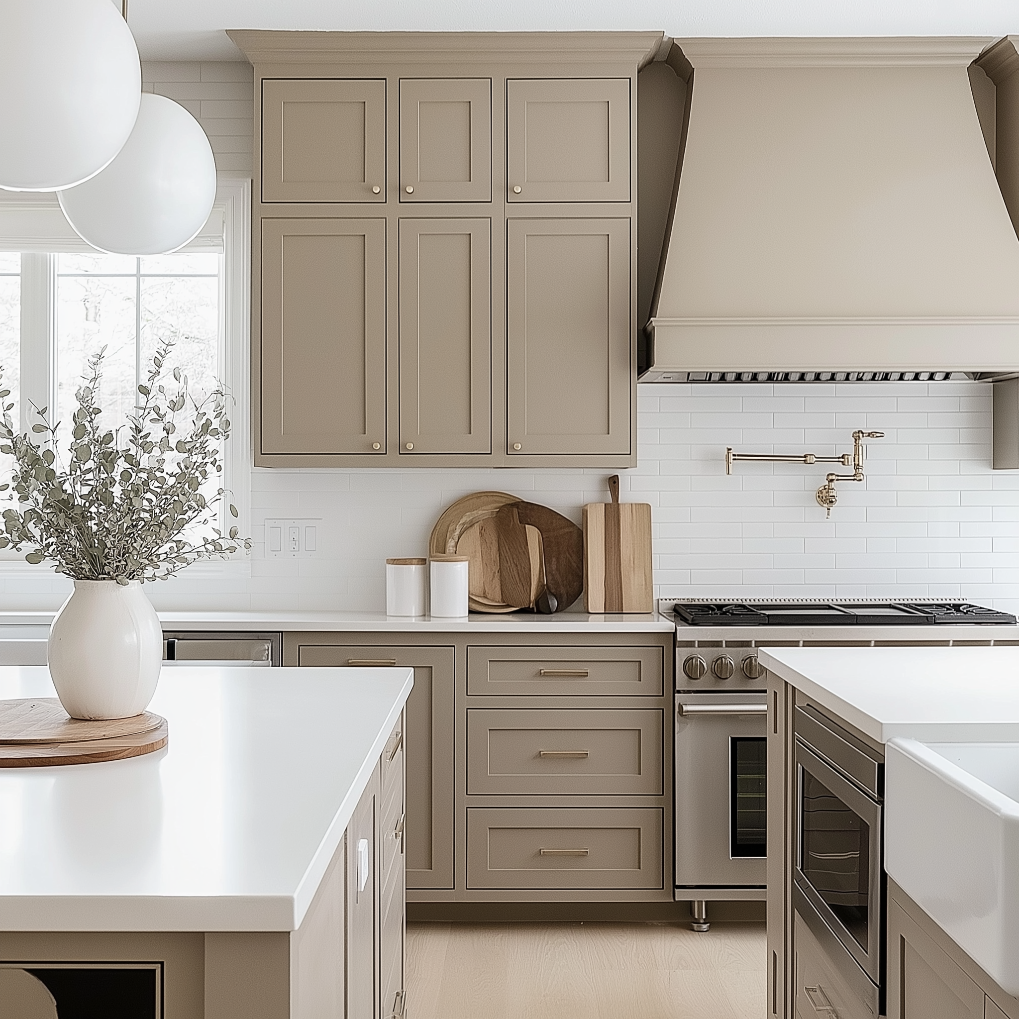Modern beige kitchen featuring shaker cabinets, quartz countertops, a large range hood, and globe pendant lights, styled with wooden accents and greenery for a modern neutral design.