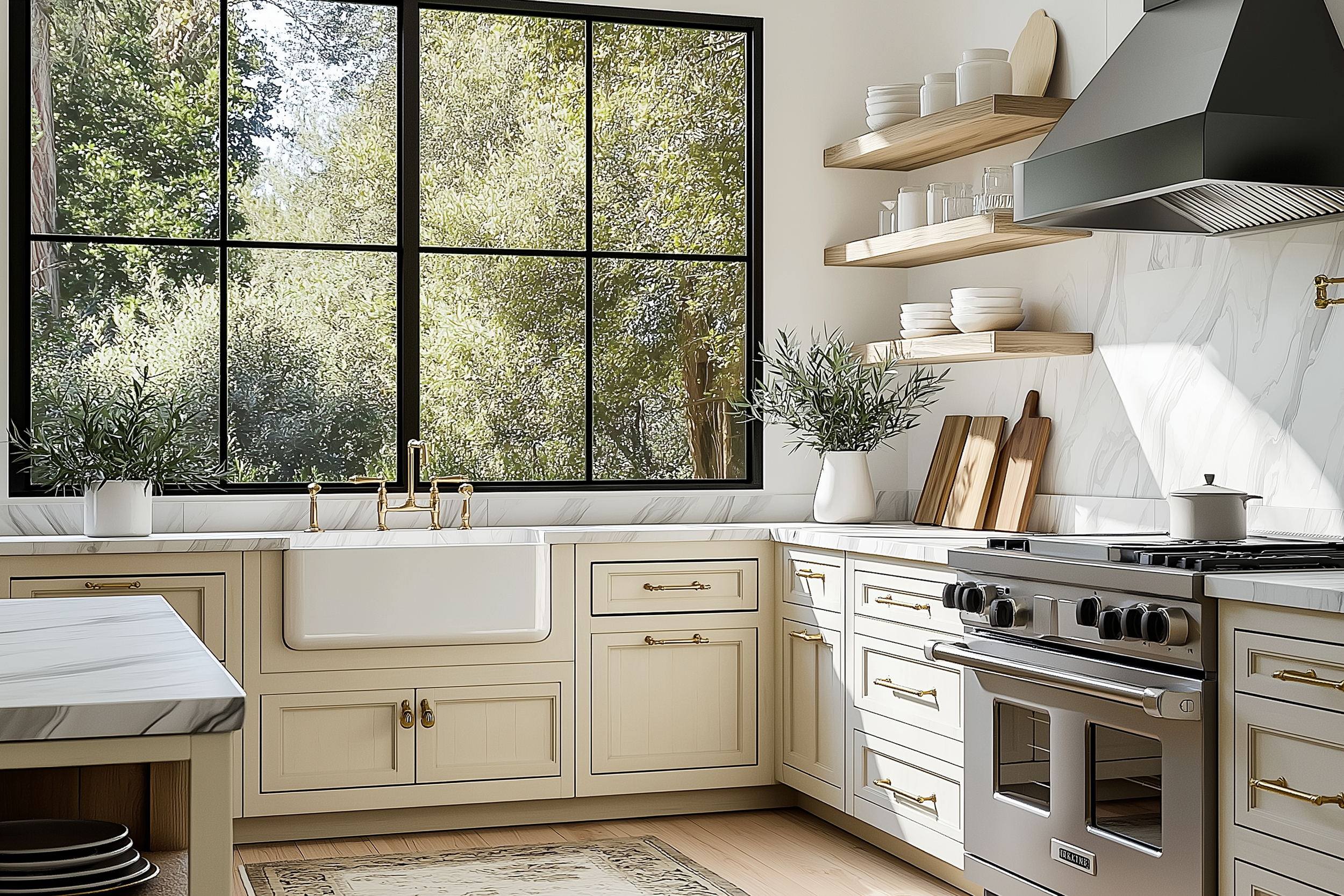 A modern kitchen design featuring light wood cabinetry, a marble backsplash and countertops, black-framed windows, wooden floating shelves with styled dinnerware, a farmhouse sink with gold fixtures, and a black industrial-style range hood.
