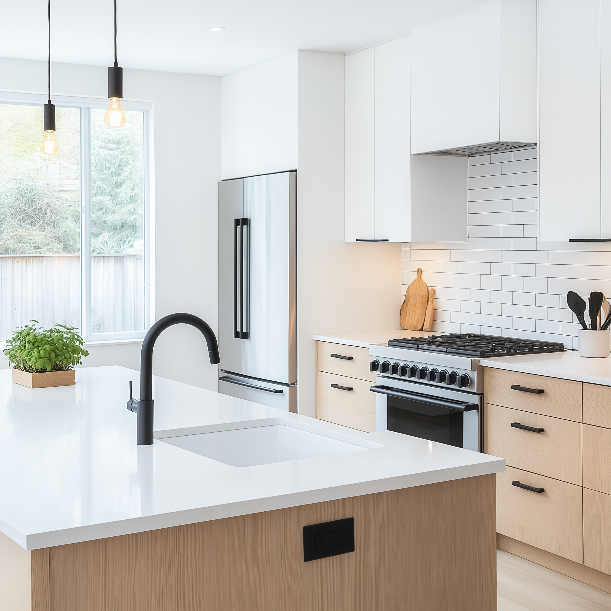 Modern minimalist kitchen with white countertops, light wood cabinets, black fixtures, subway tile backsplash, large kitchen island with sink, and a stainless steel refrigerator.