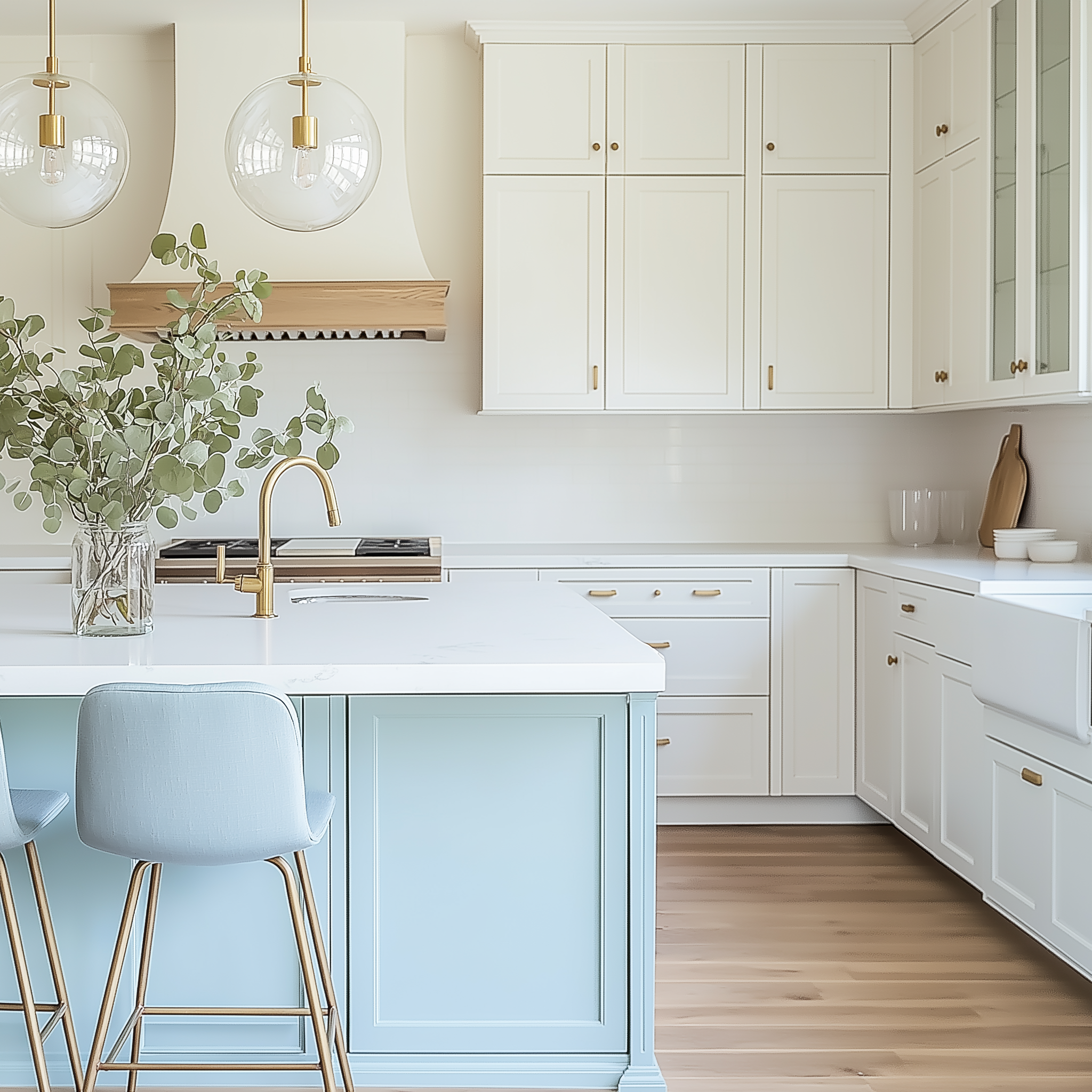 Modern kitchen design featuring soft blue island with white quartz countertop, white cabinetry with gold hardware, globe pendant lights, farmhouse sink, and light wood flooring.