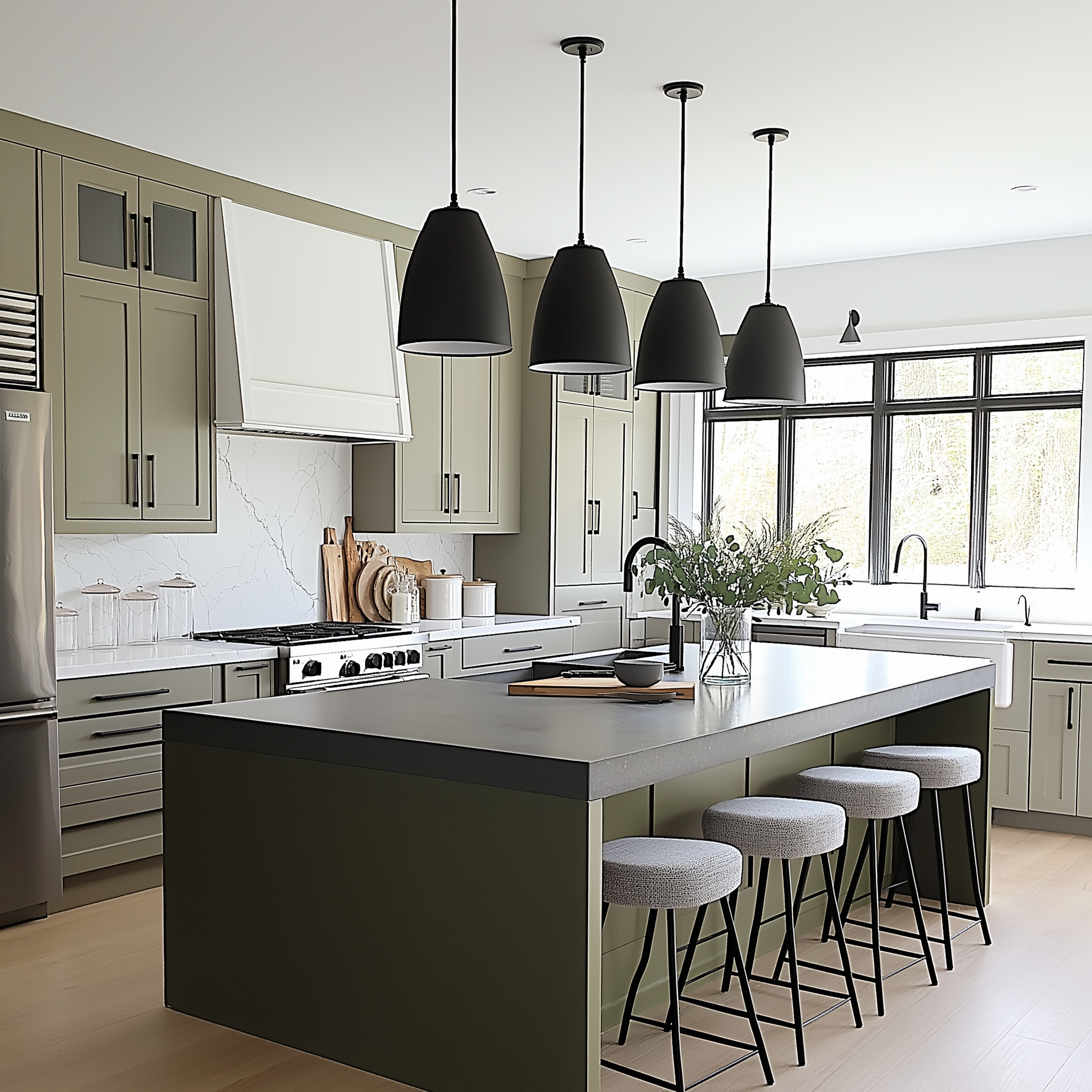 Modern kitchen design featuring olive green cabinets, matte black pendant lights, farmhouse sink with black fixtures, a large matte black island, and gray upholstered stools.