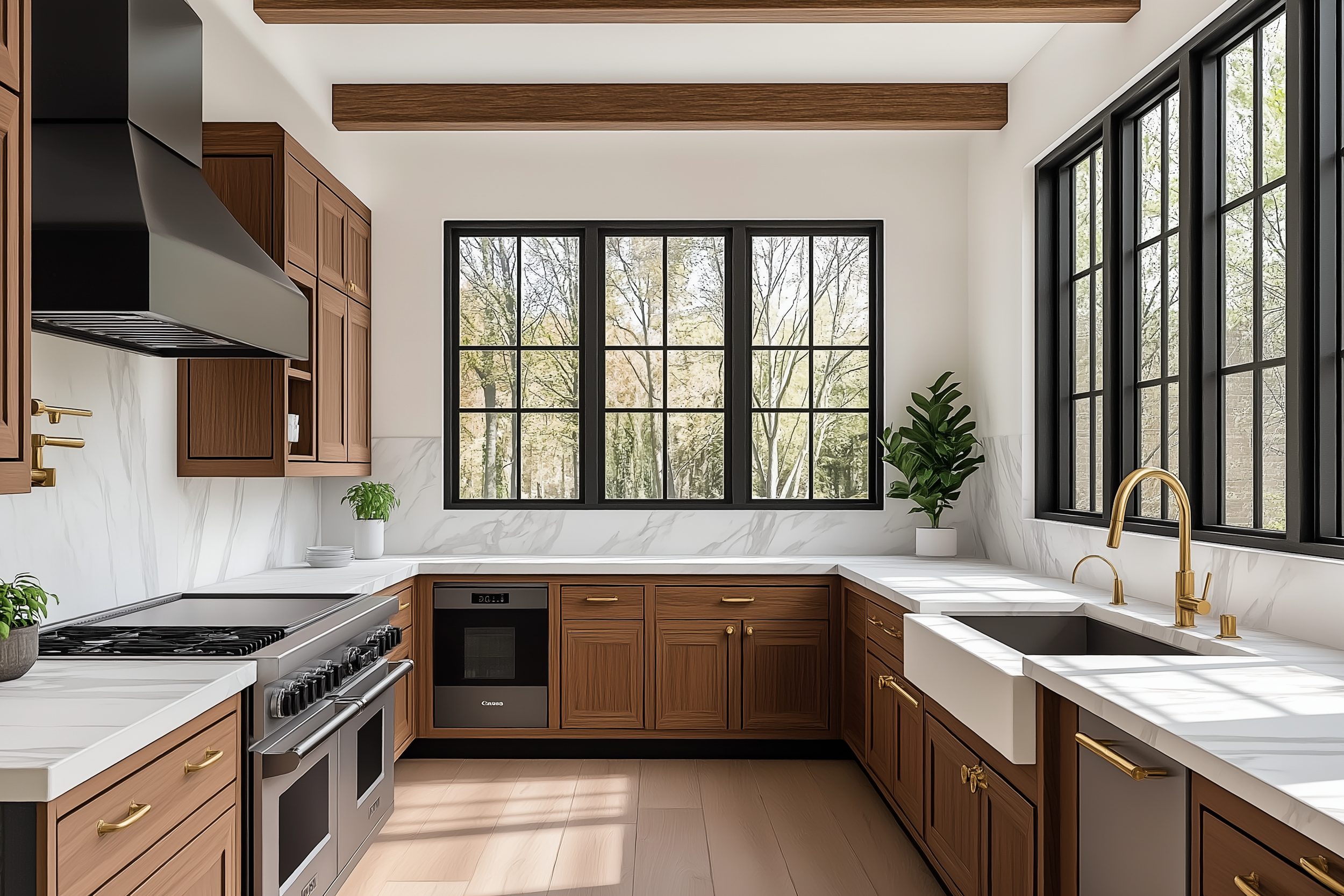 Luxury kitchen design featuring warm wood cabinetry, exposed wooden ceiling beams, black-framed windows, farmhouse sinks, marble countertops, and brass fixtures.