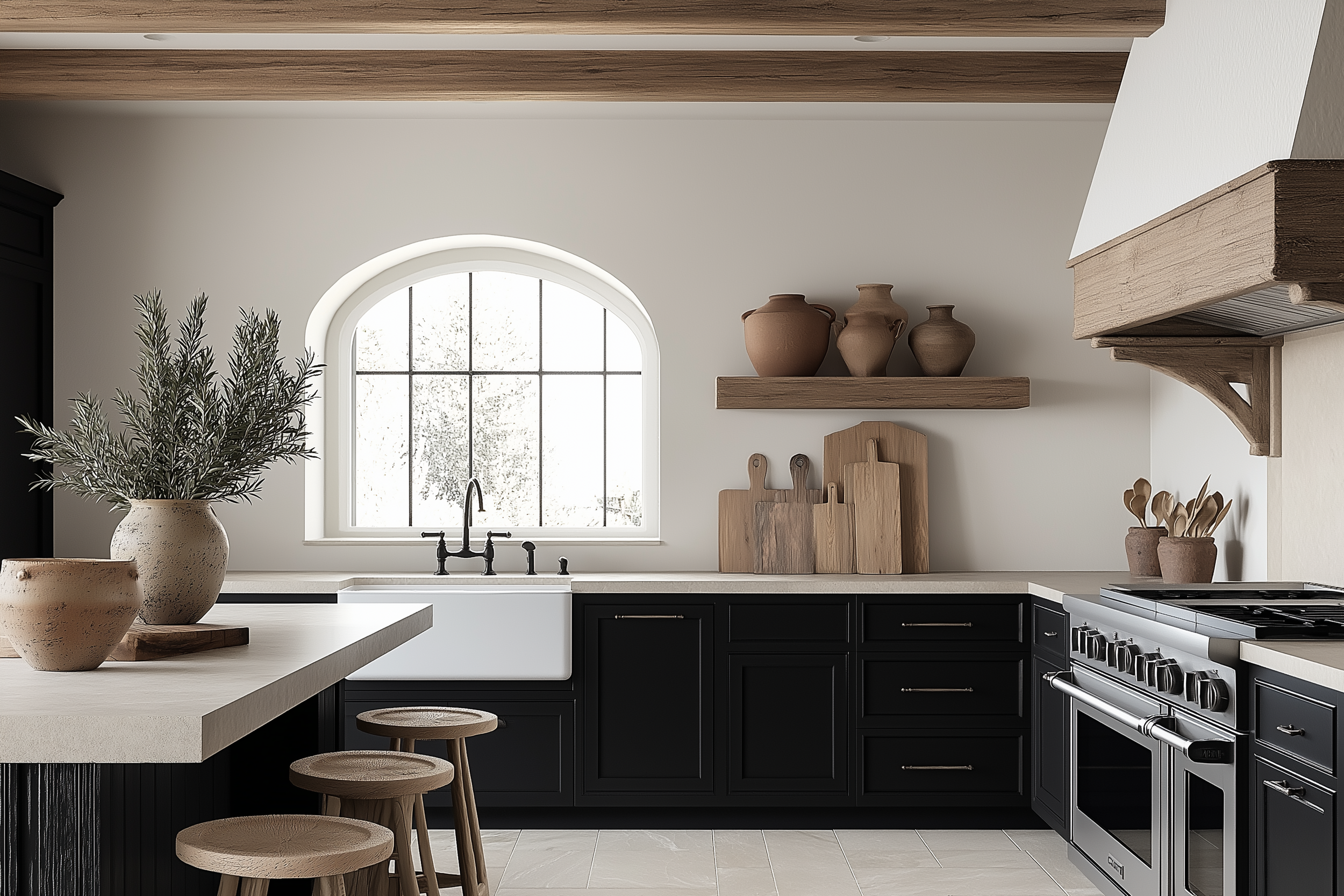Modern farmhouse kitchen with black cabinetry, exposed wooden beams, farmhouse sink, rustic open shelving, and terracotta pottery decor.