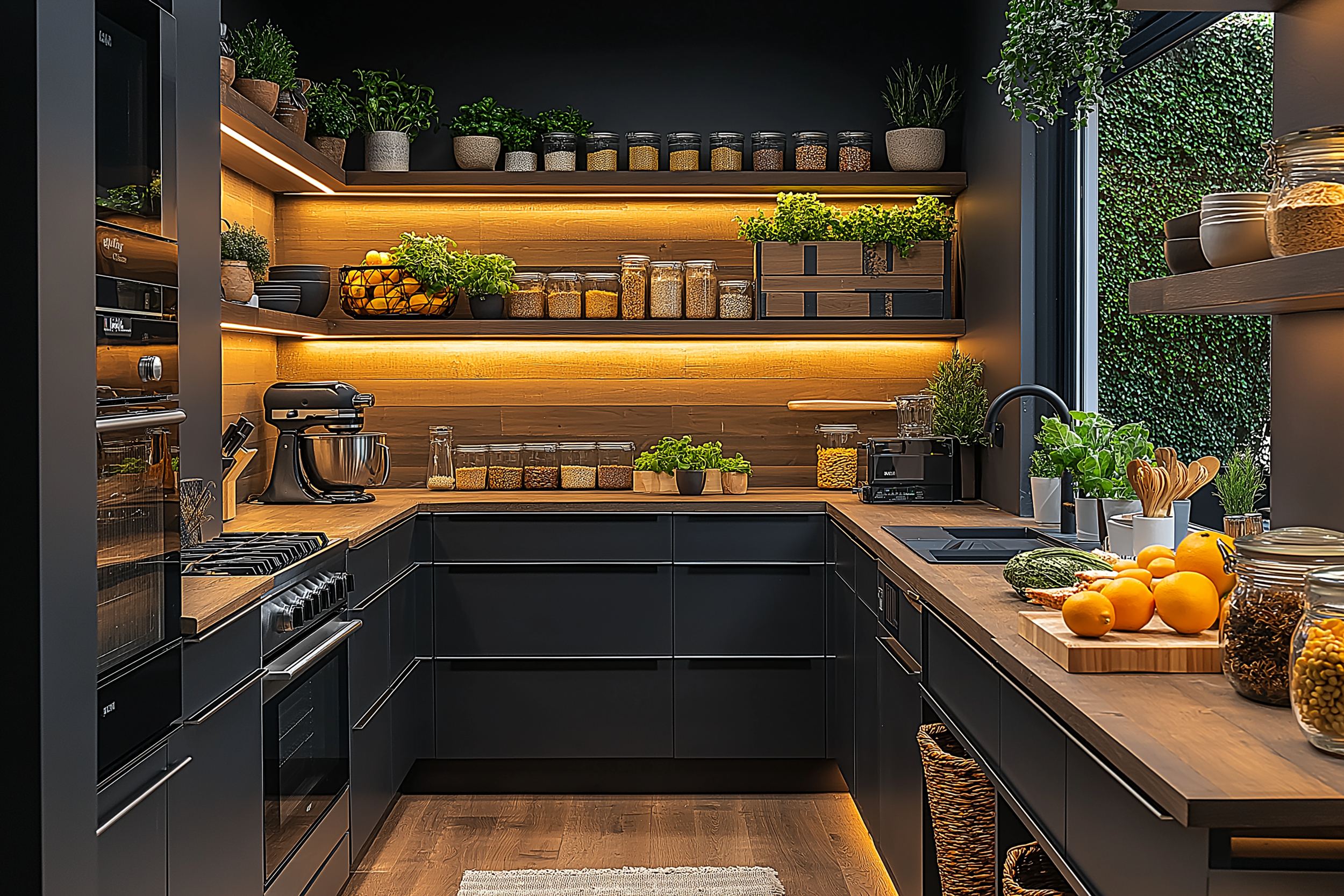 Modern U-shaped pantry with black cabinets, warm wood countertops, under-shelf lighting, glass jars, potted plants, and fresh produce. A perfect blend of style and functionality.