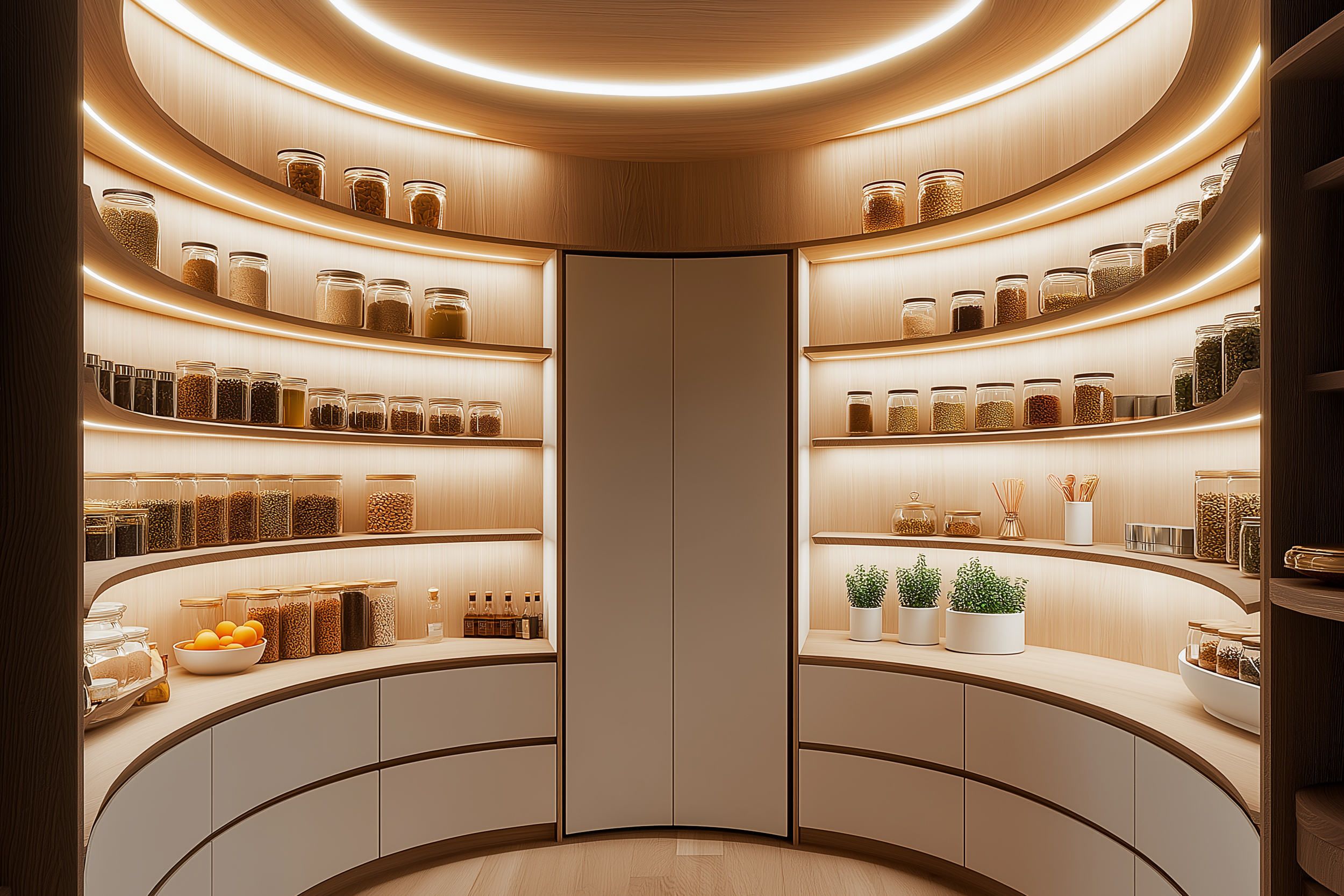 Luxury circular pantry with curved shelves, glowing LED lighting, glass jars, potted herbs, and a warm wood finish. The epitome of modern pantry design.