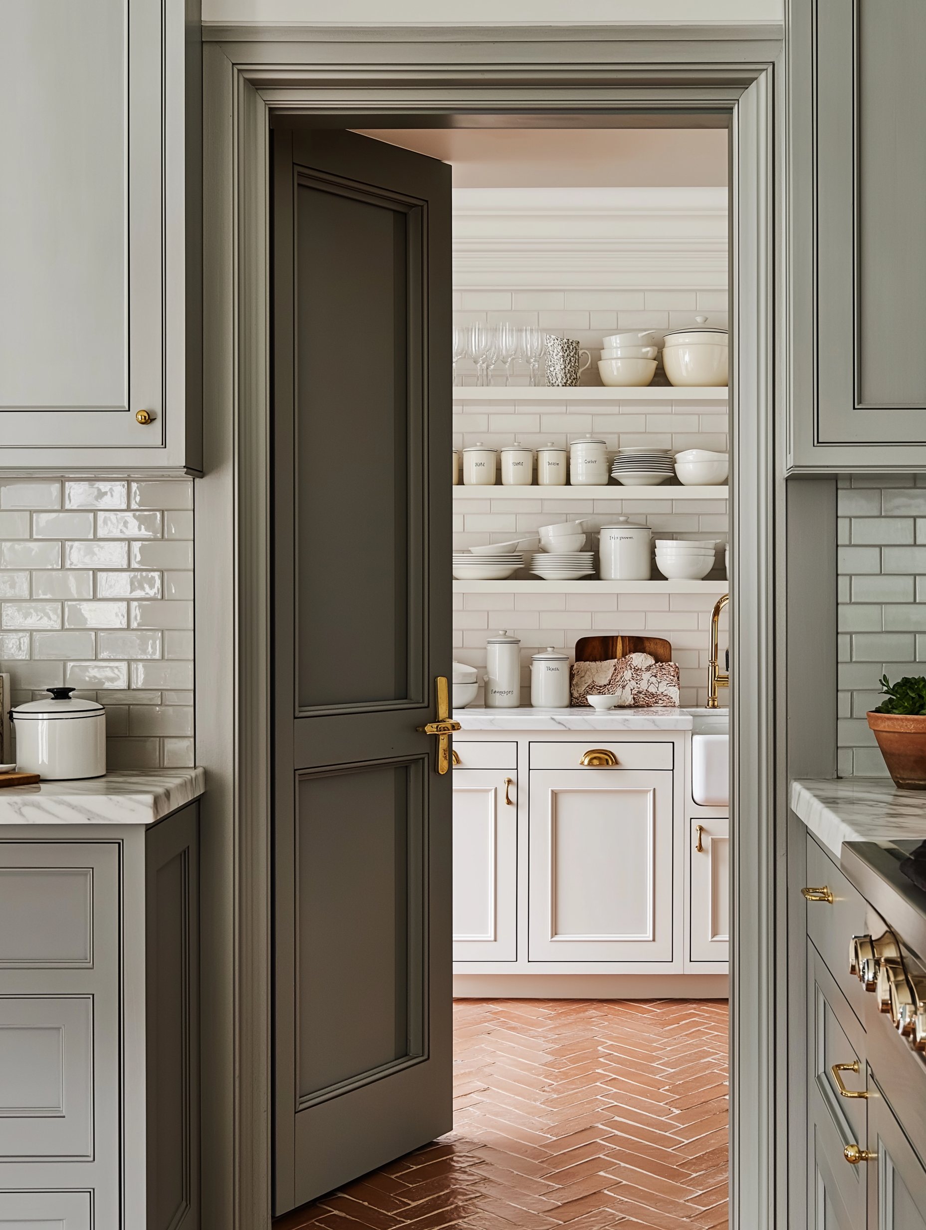 Hidden walk-in pantry with terracotta herringbone floors, white cabinetry, marble countertops, and brass-accented gray door. A blend of elegance and functionality.