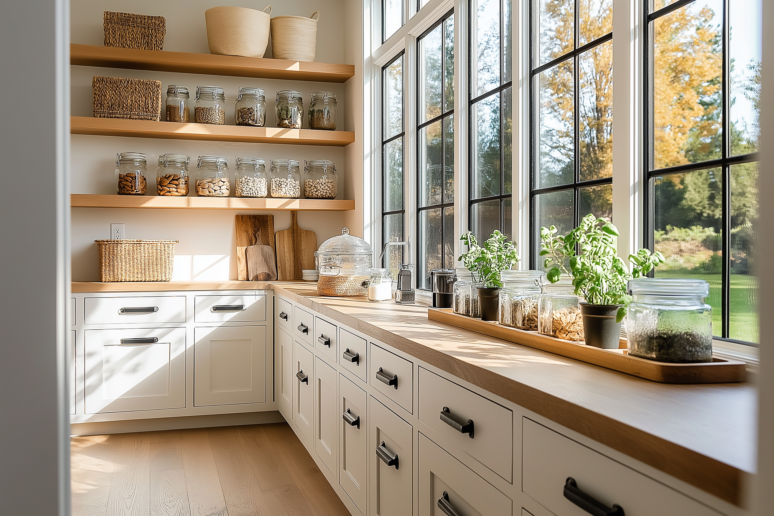 Bright pantry with floating wooden shelves, glass jars, white shaker cabinets, black hardware, and a sunny view of lush greenery through floor-to-ceiling windows.