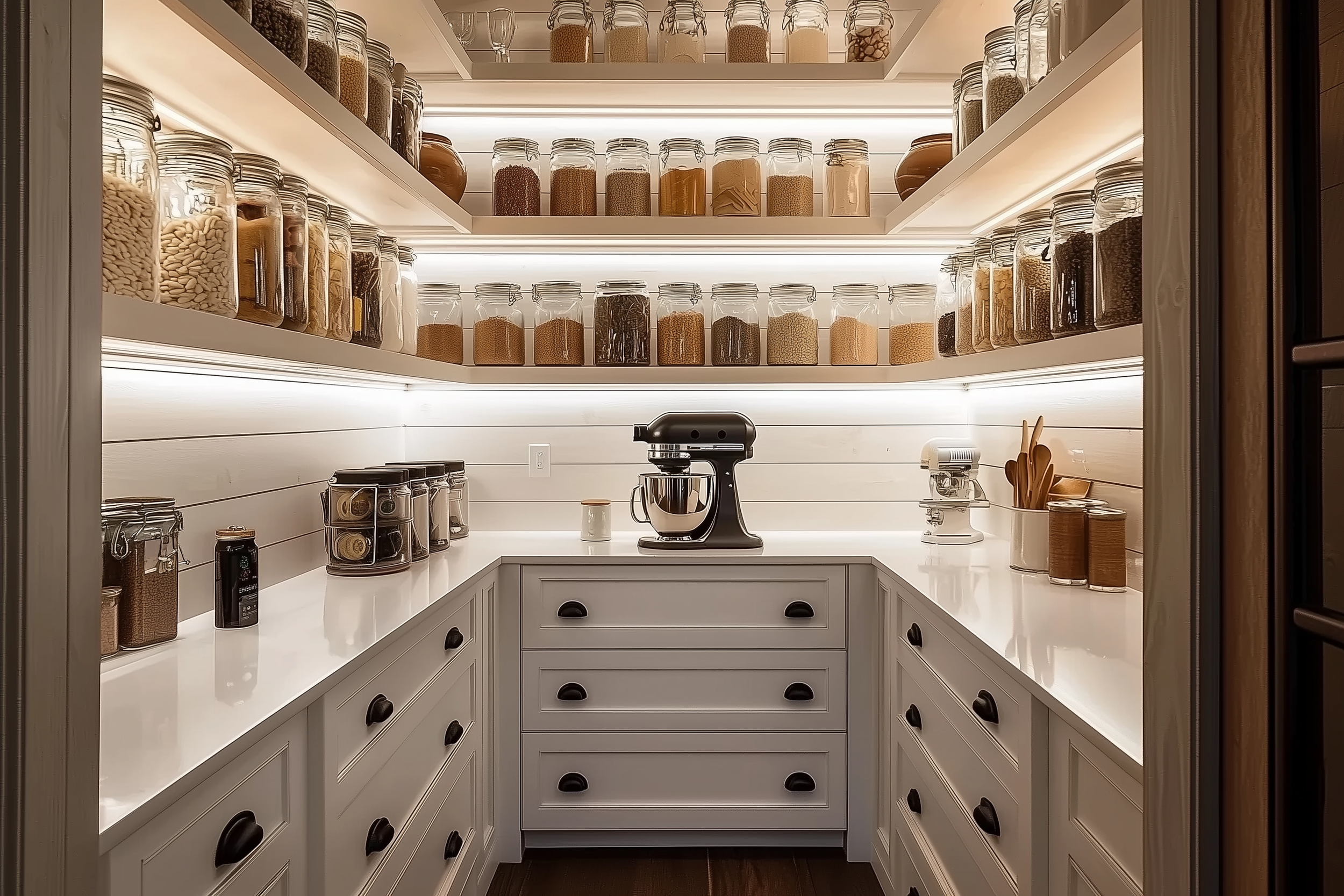 Elegant white pantry with shiplap walls, under-shelf lighting, shaker drawers, glass jars filled with grains, and a black KitchenAid mixer on a sleek quartz countertop.