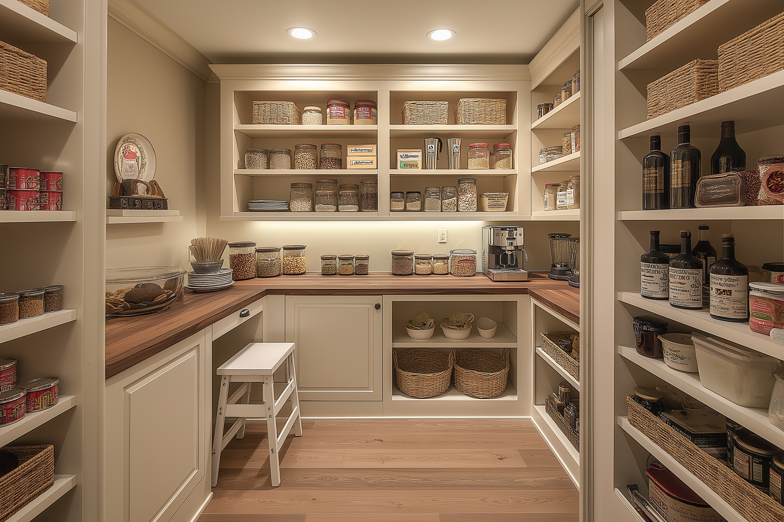 Cozy cream-colored pantry with warm wooden countertops, woven baskets, and under-shelf lighting for a rustic yet modern vibe.