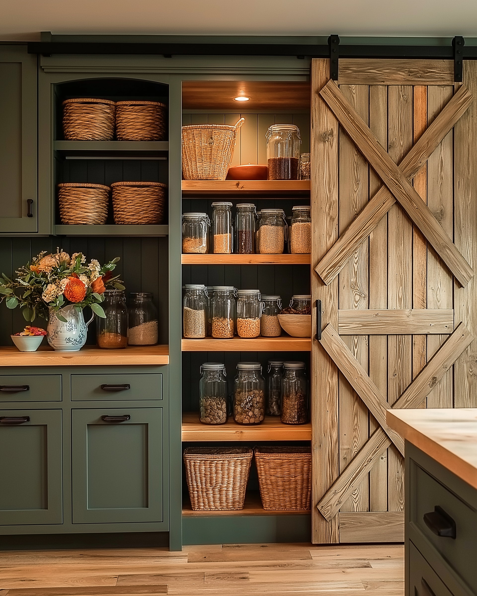 Rustic pantry with a sliding barn door, dark green cabinetry, wood shelving, glass jars, and wicker baskets for a chic farmhouse aesthetic.
