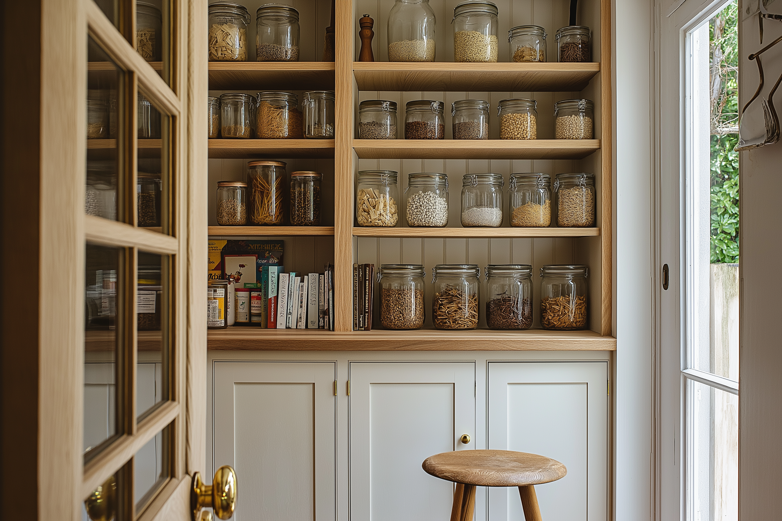 Elegant pantry with glass jars, white cabinetry, oak shelving, and a wooden stool bathed in natural light for a cozy and functional design.