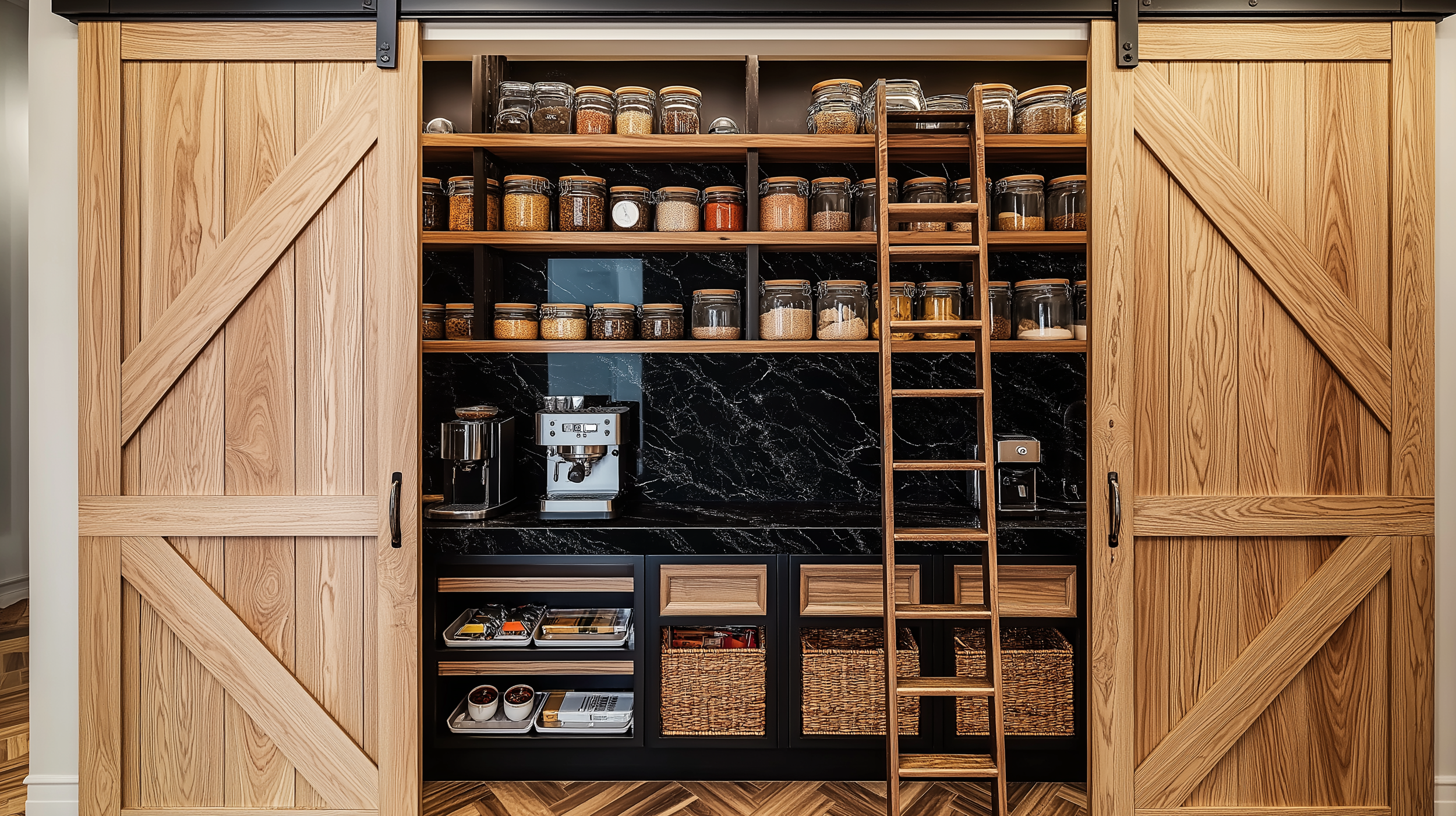 Pantry with sliding barn doors, rolling ladder, black marble countertop, and organized shelves of glass jars for a rustic-modern design.