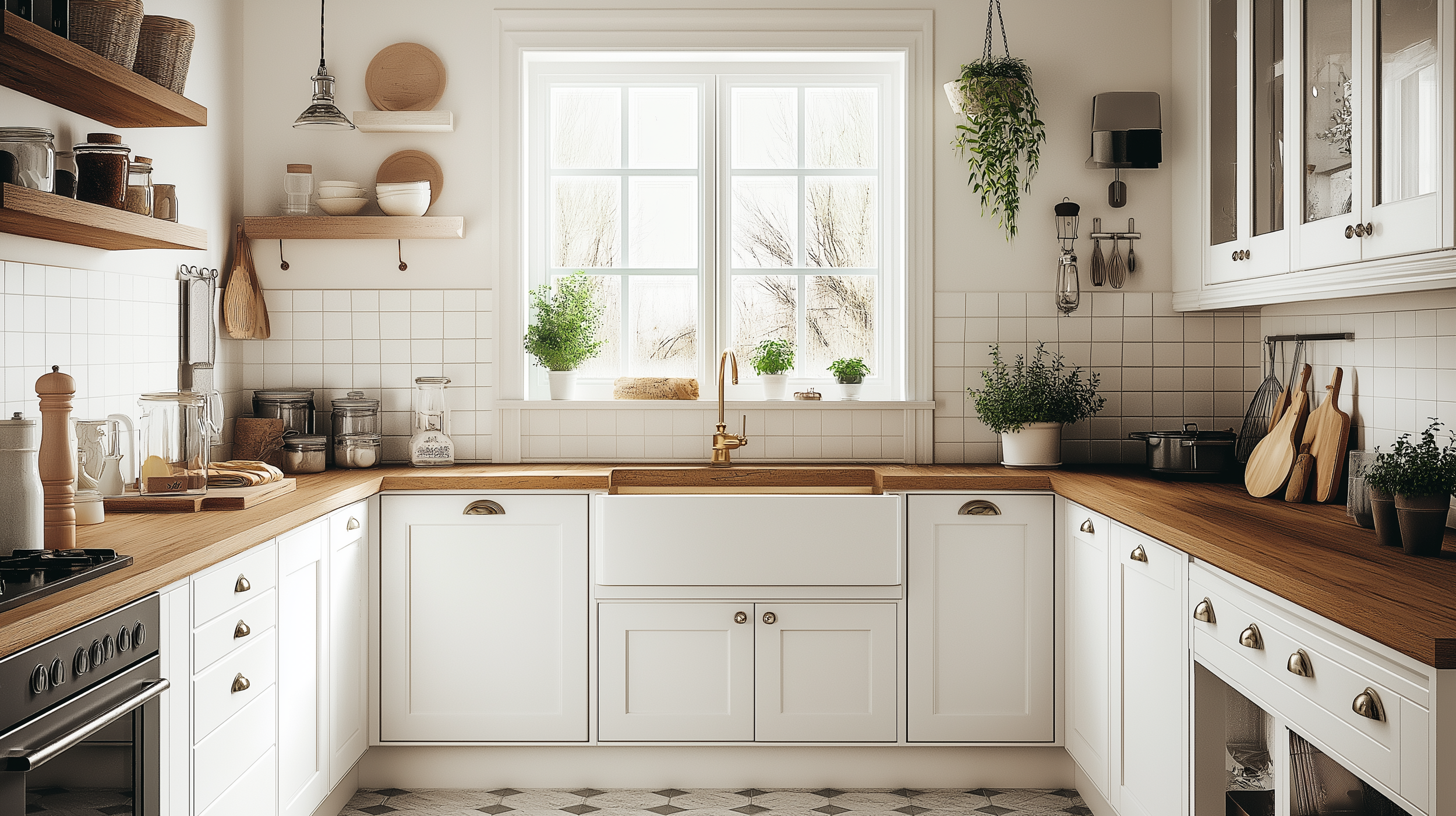 A charming small cottage kitchen with white cabinetry, wooden countertops, and open shelving. A farmhouse sink sits under a bright window with potted plants, creating a light and cozy vibe.
