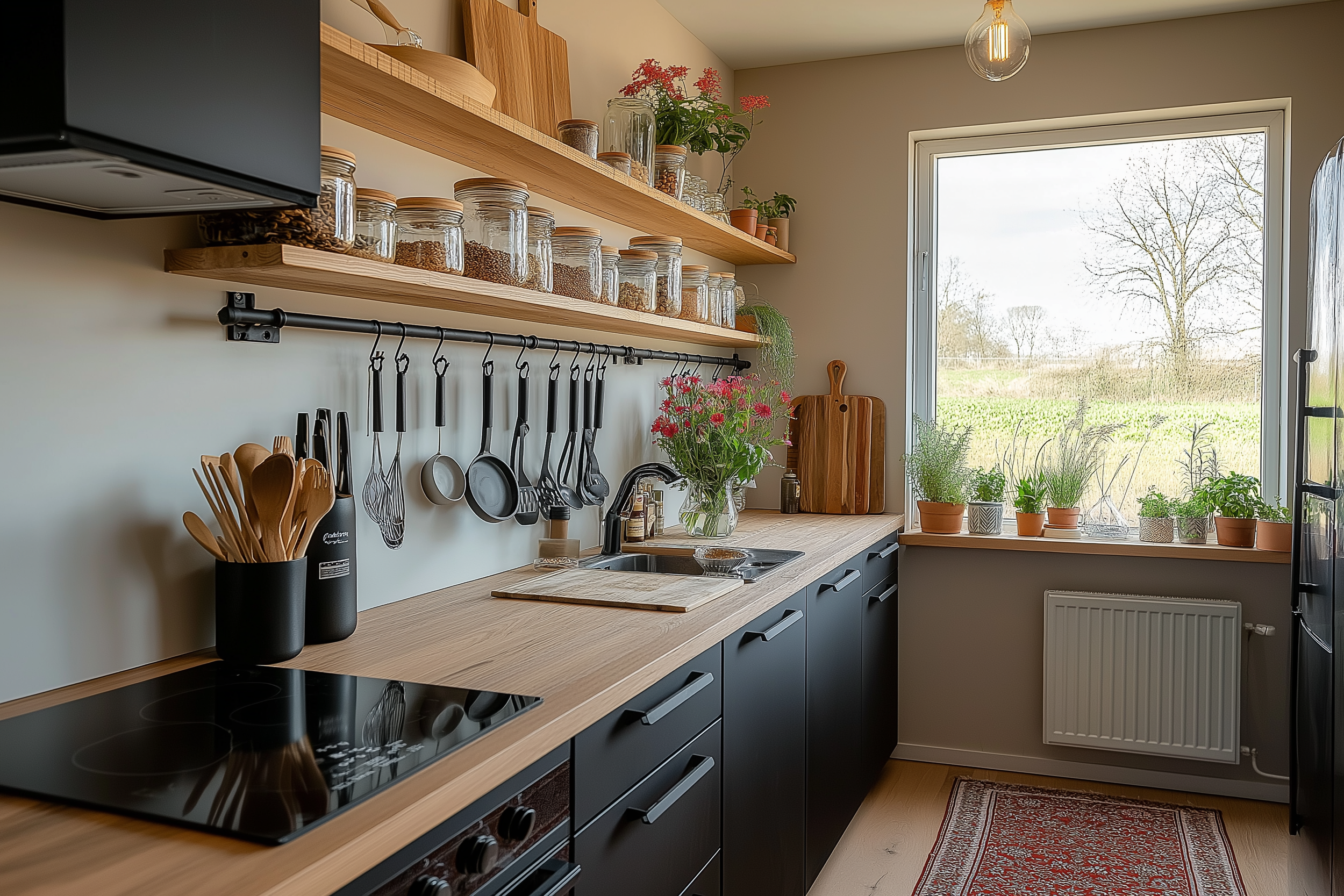 A modern galley kitchen with sleek black cabinetry, open wood shelves lined with jars, a matte black sink, and potted herbs on the window sill. Natural light pours in from the large window, giving the compact space an airy and functional vibe.