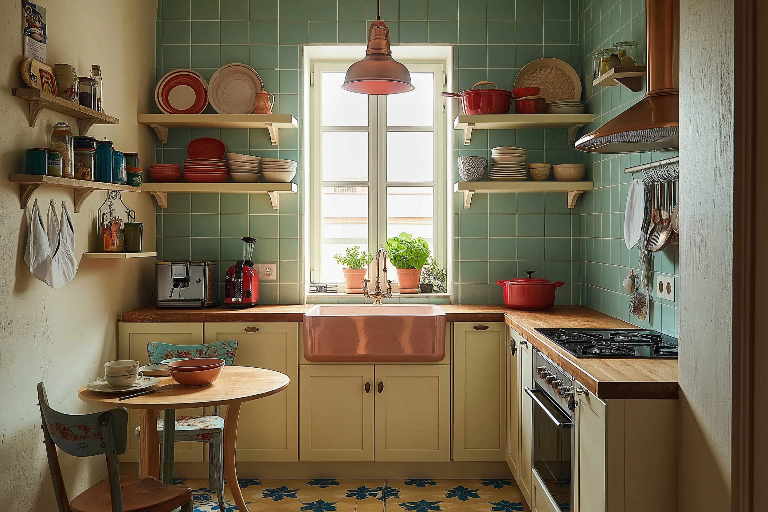 A small vintage kitchen with mint-green tiles, open wooden shelves, and a pink farmhouse sink. Red cookware, potted herbs, and a cozy dining nook with mismatched chairs add charm and functionality to the compact space.