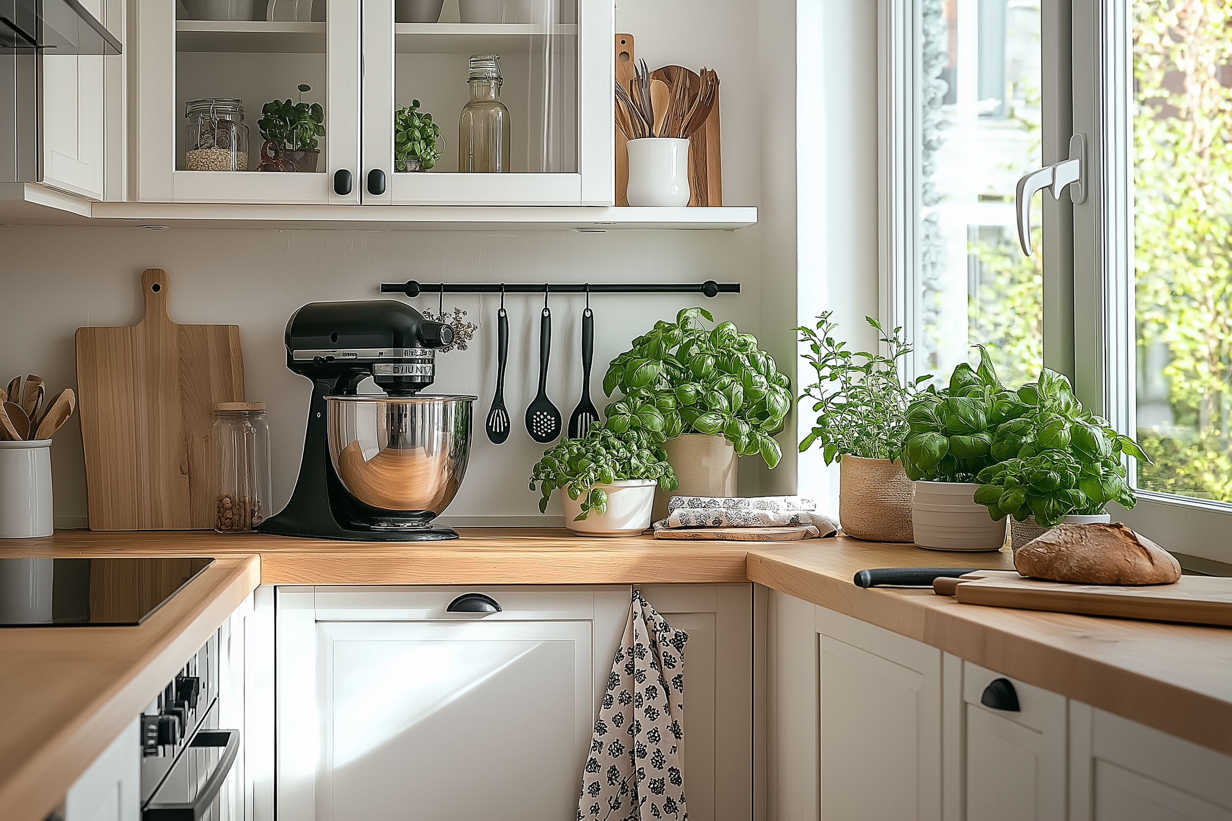 A cozy small kitchen featuring white cabinets, wooden countertops, black stand mixer, fresh herb plants on the counter, and sunlight streaming through a large window.