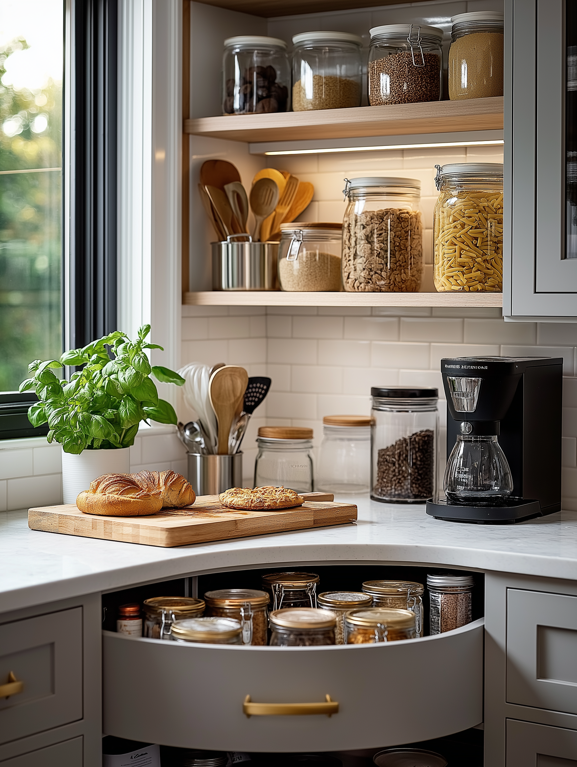 A small kitchen featuring a curved pull-out drawer with organized glass jars, open shelves with food storage jars, a coffee station, a cutting board with bread, and a potted basil plant on the counter.