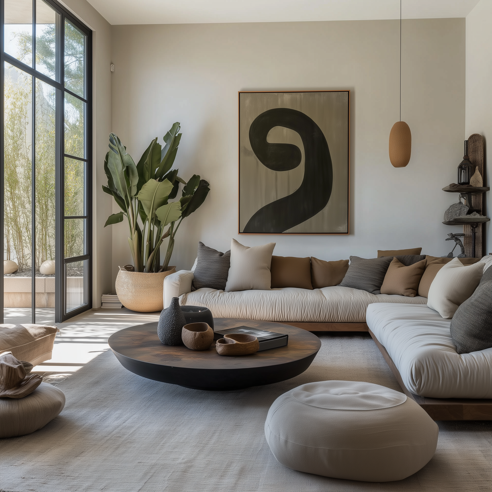 Modern bohemian living room with an oversized sectional, abstract art, and earthy decor for a cozy, Zen-inspired space.