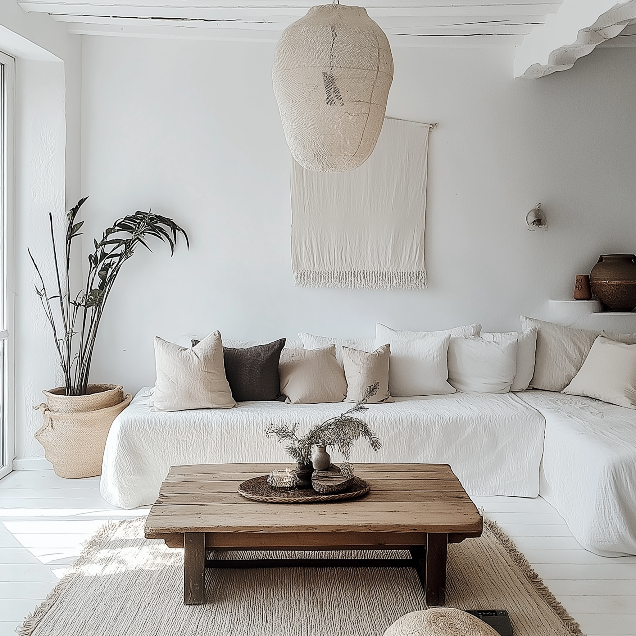 Minimalist Bohemian living room with neutral tones, woven baskets, and a rustic wood coffee table.