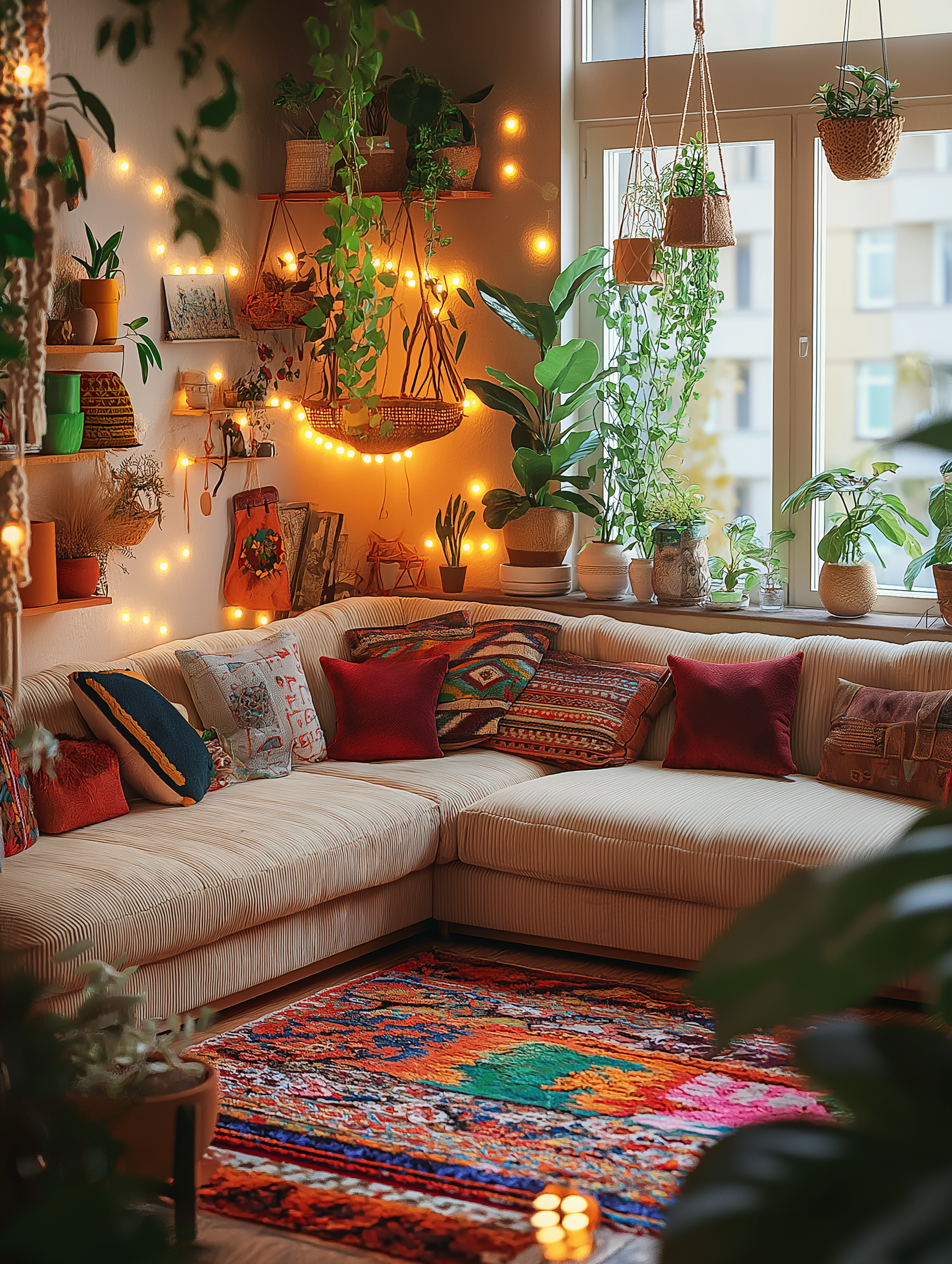 Bohemian living room featuring string lights, colorful rug, and eclectic decor for a warm, inviting ambiance.