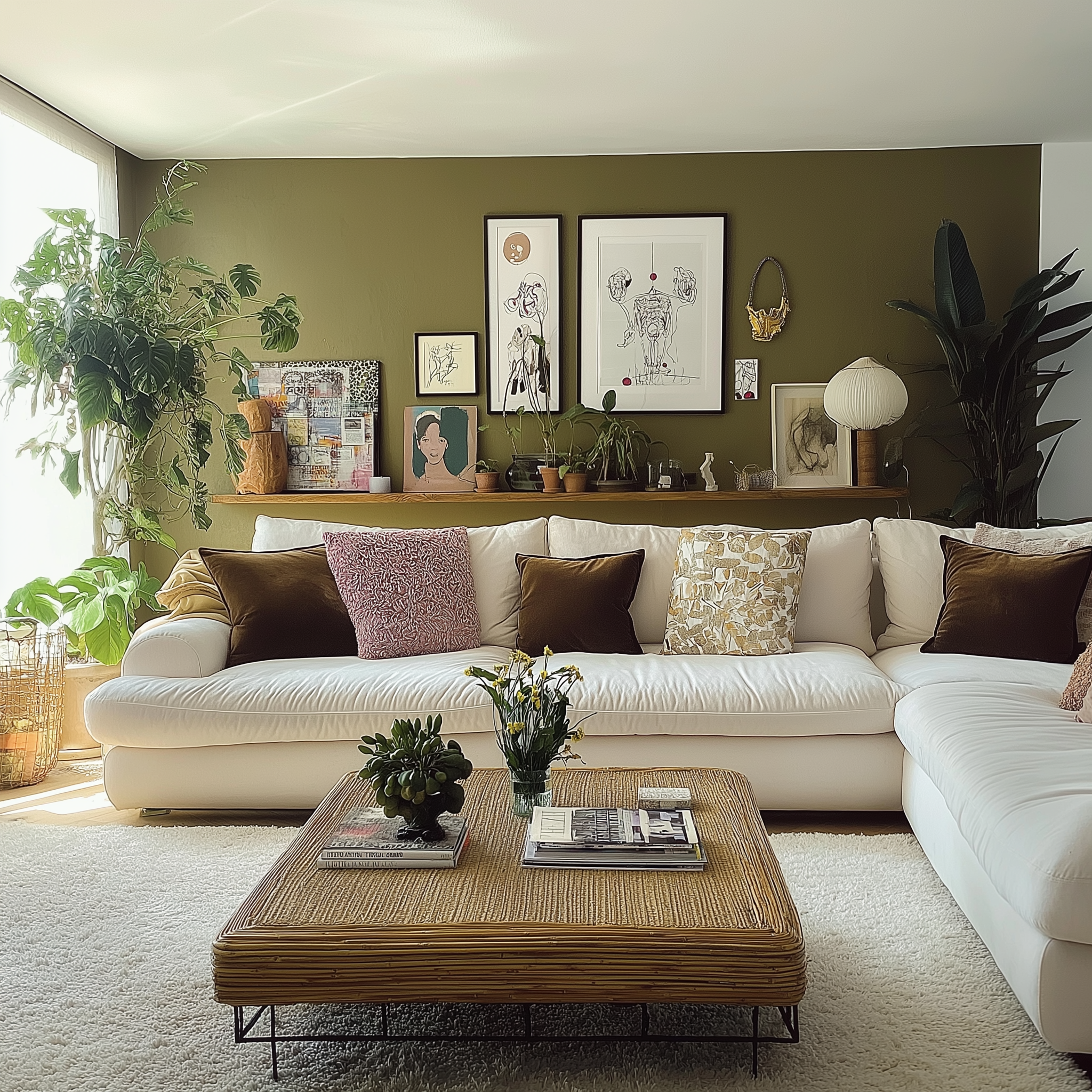 A modern bohemian living room featuring a white sofa with velvet and patterned pillows, a woven coffee table, green plants, and a gallery wall against deep olive green walls.