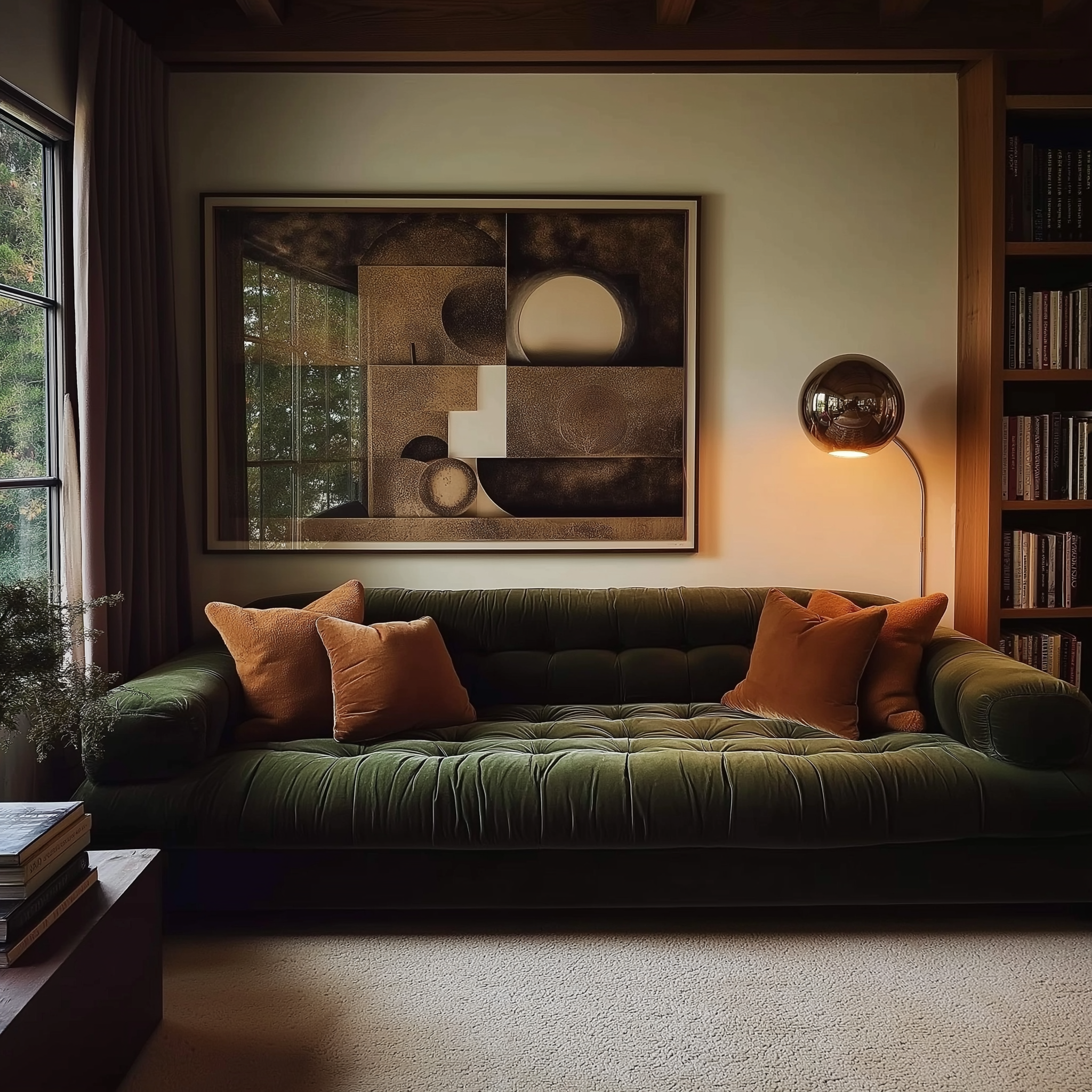 A moody living room featuring a deep green tufted velvet sofa, warm amber pillows, dramatic abstract artwork, a brass floor lamp, and built-in bookshelves for a cozy, elegant atmosphere.