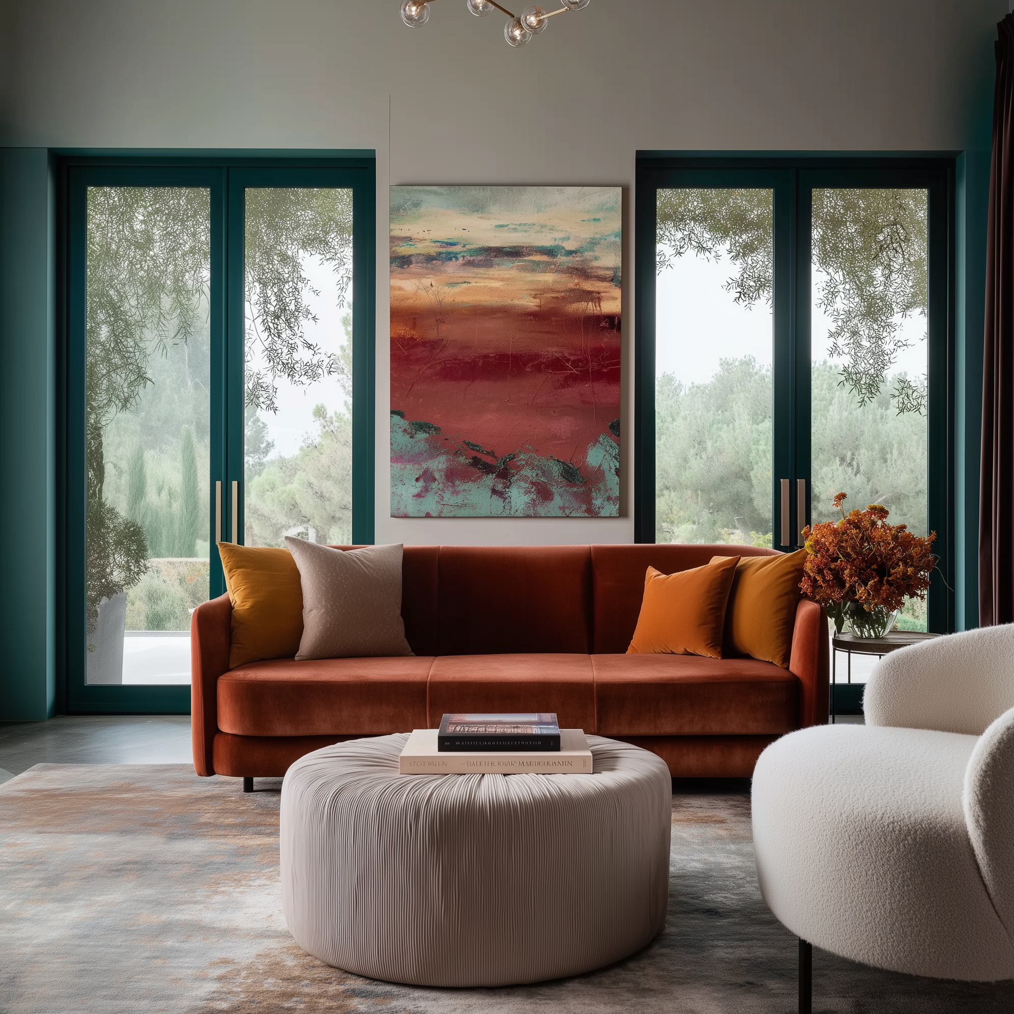 A modern living room featuring a burnt orange velvet sofa, a pleated round ottoman, a boucle accent chair, teal-framed windows, a bold abstract artwork, and a brass floor lamp, creating a vibrant and textured ambiance.