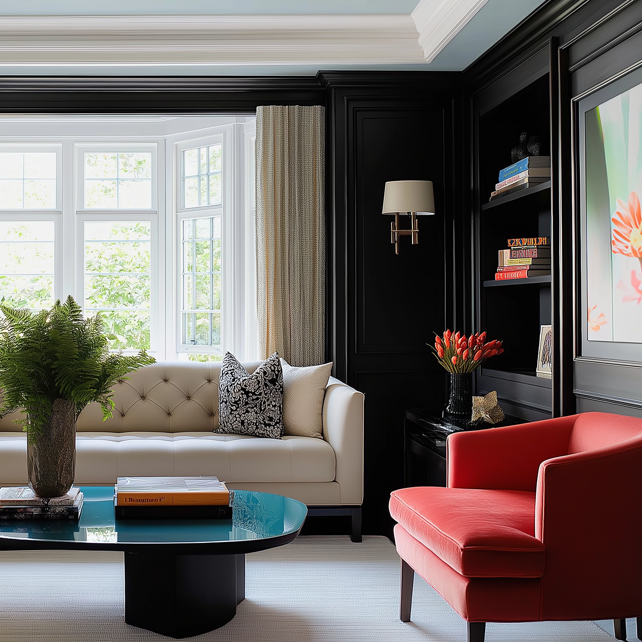 A sophisticated living room featuring black-paneled walls, a cream tufted sofa, a bold coral armchair, a turquoise coffee table, floral artwork, and lush greenery for a refined yet playful design.