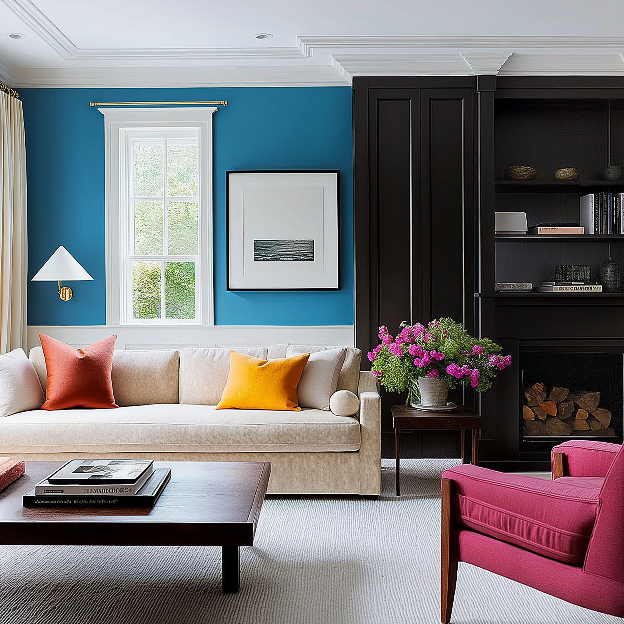 Vibrant living room featuring a teal wall, cream sofa, magenta armchair, orange and pink throw pillows, dark built-in shelves, and a wooden coffee table with bright pink flowers adding a fresh touch.
