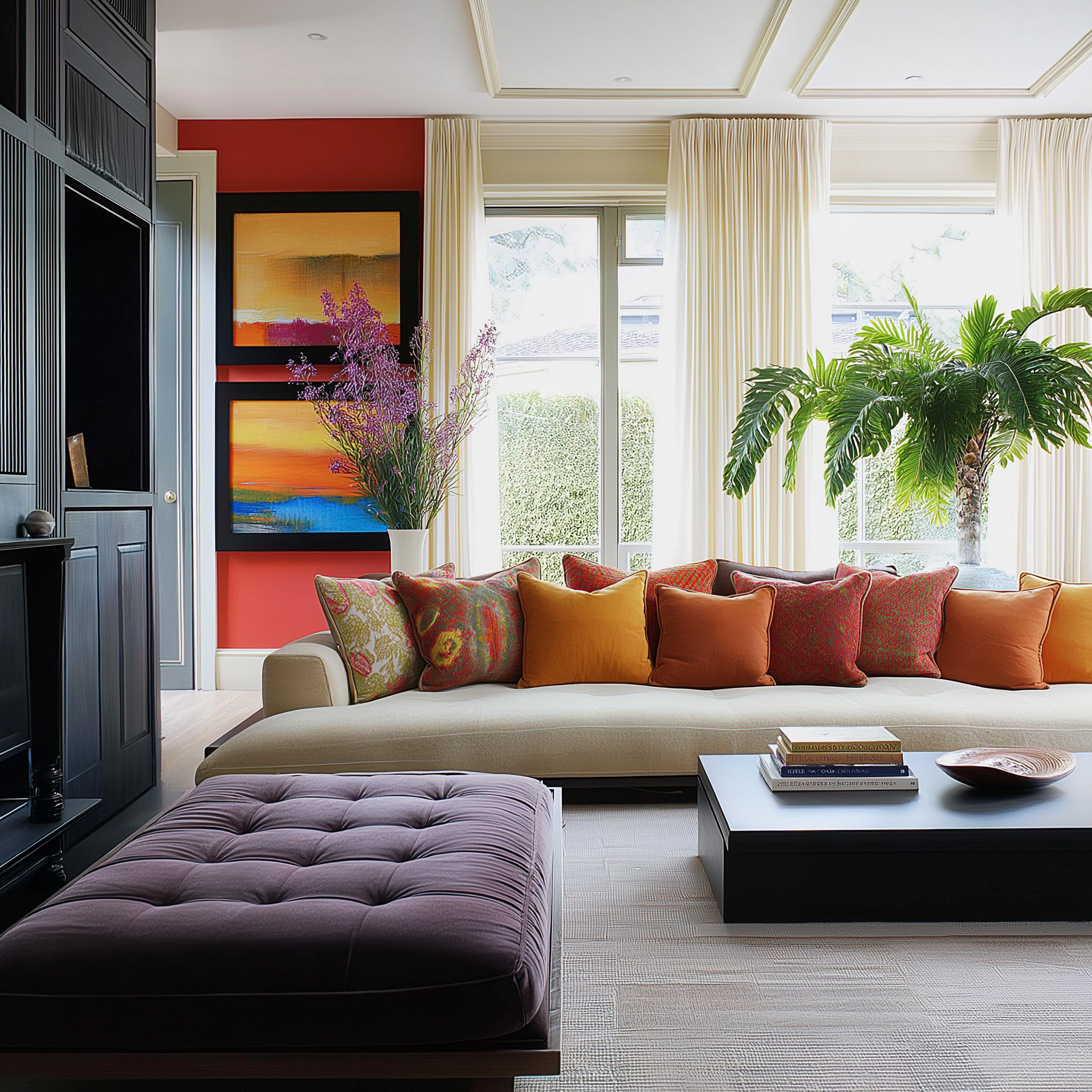 Vibrant living room with a bold red accent wall, creamy sofa adorned with colorful throw pillows in orange and red tones, tropical plants, framed sunset prints, tufted purple ottoman, and sleek black coffee table.