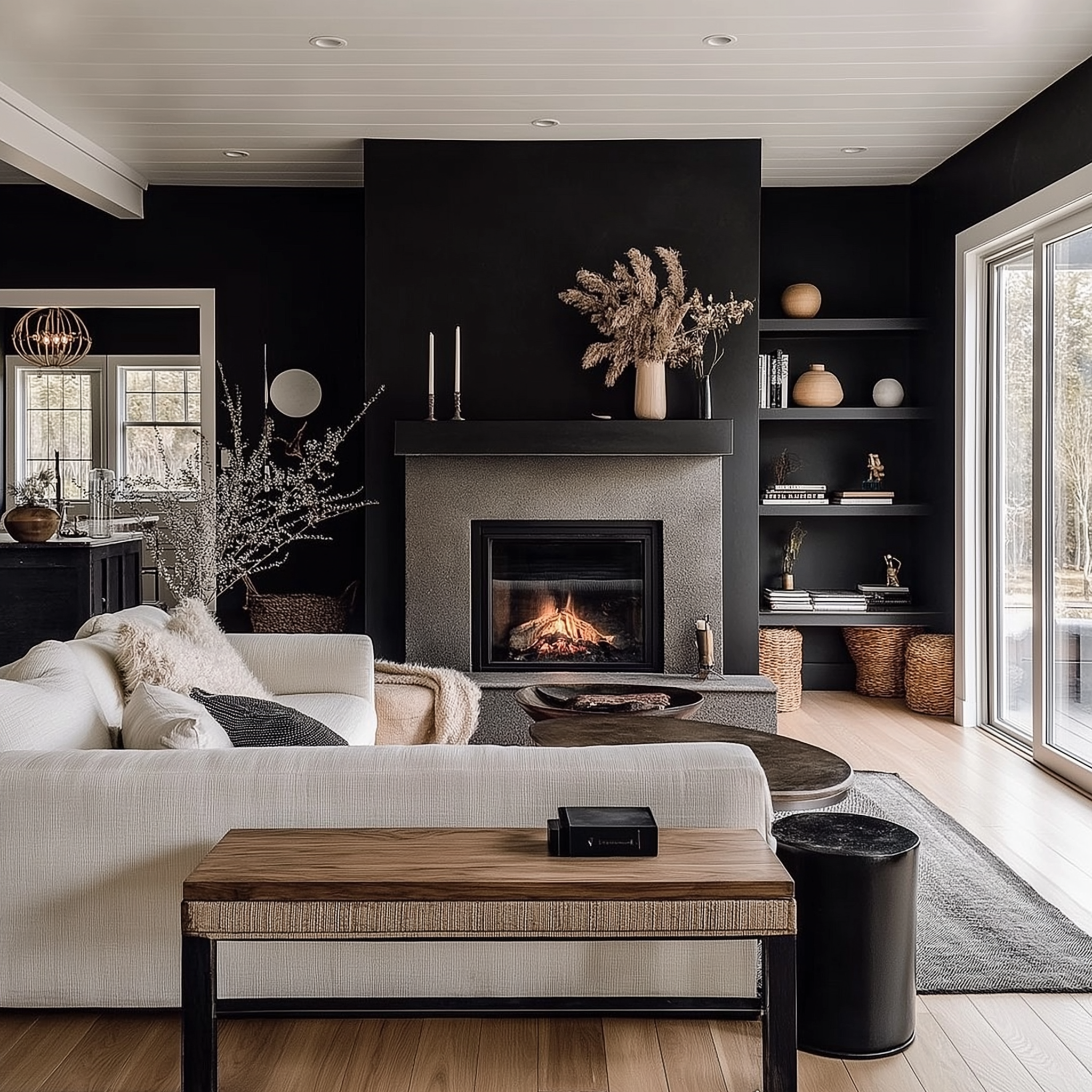 Modern living room with a matte black fireplace wall, cozy white sofa, fluffy throw blanket, round coffee table, natural pampas grass, wicker storage baskets, and warm wood accents.