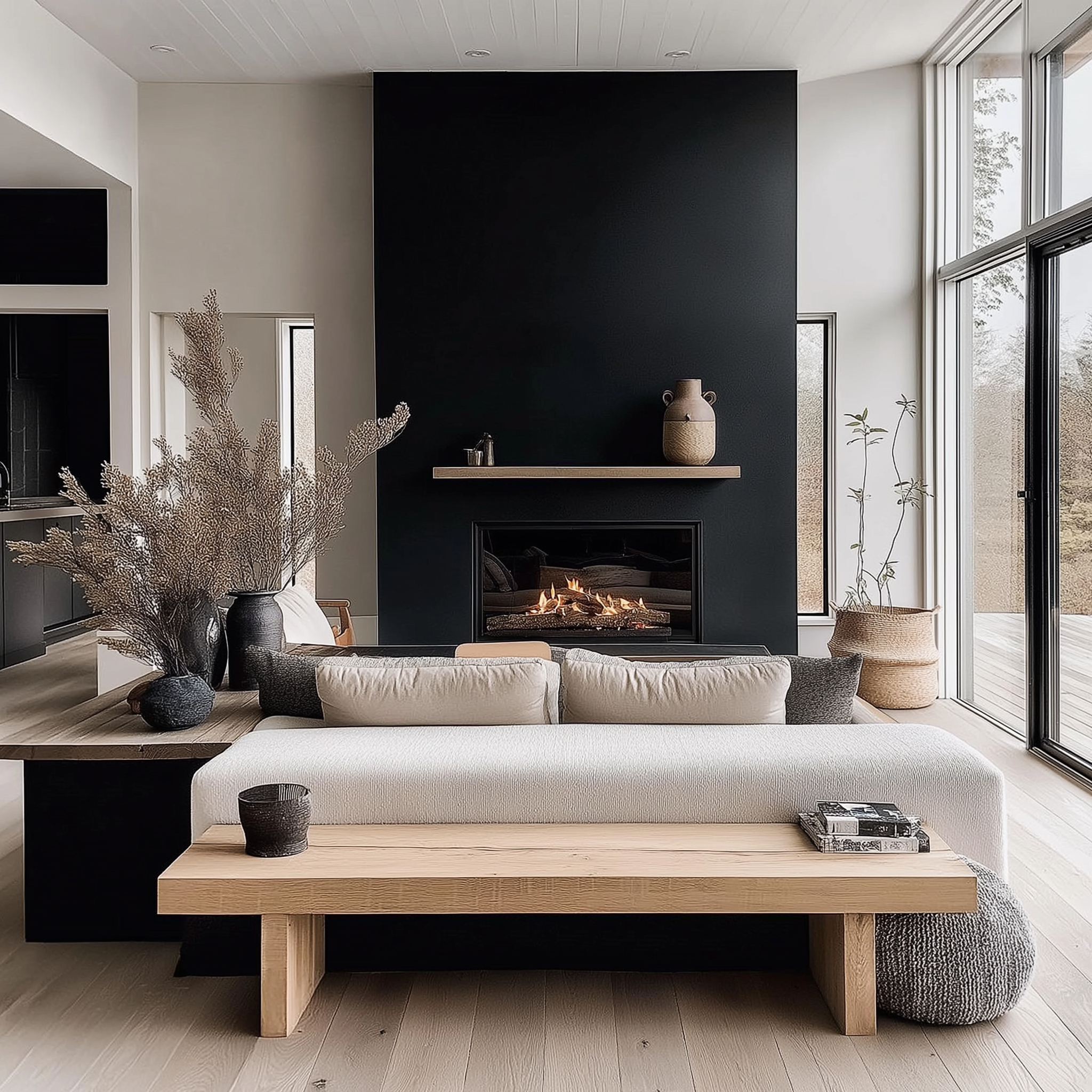 Modern neutral living room with a bold matte black fireplace wall, natural wood bench-style sofa, dried botanicals, ceramic vases, and woven baskets, illuminated by soft natural light streaming through large windows.