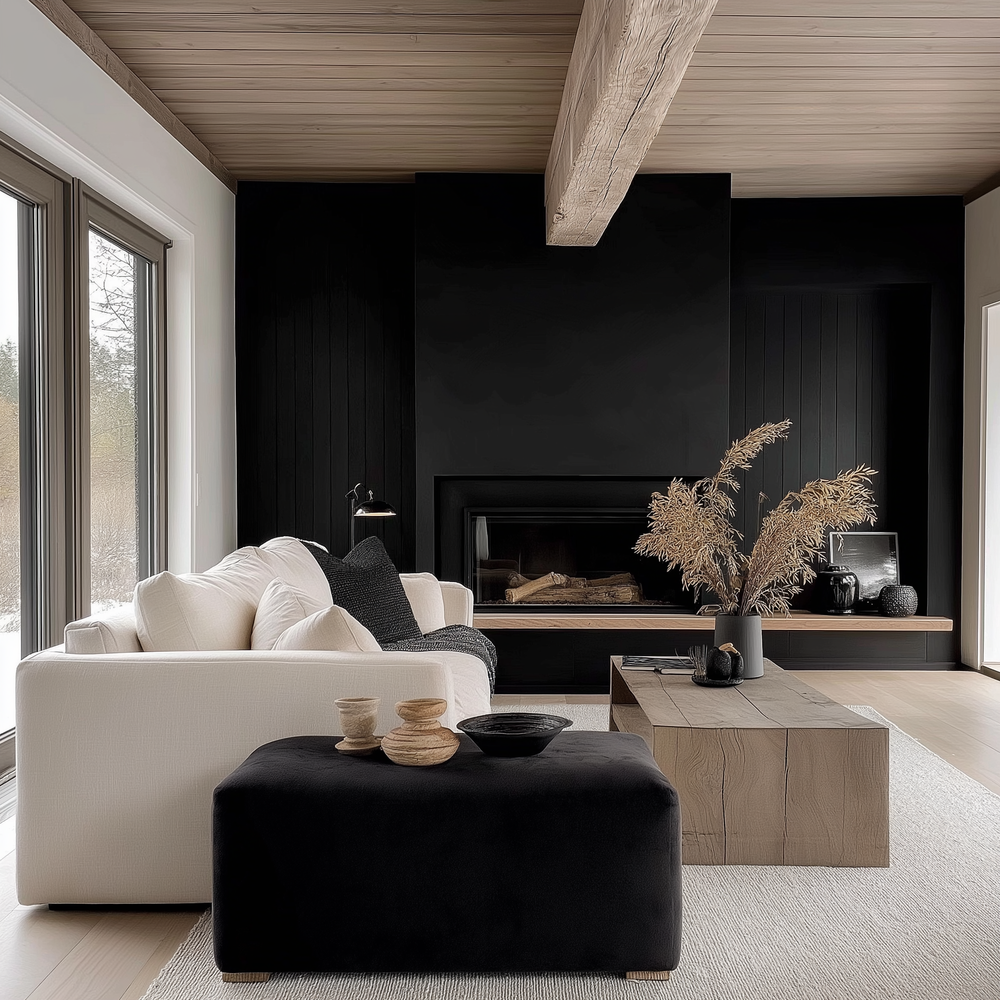 Moody minimalist living room featuring a bold black wall and fireplace, contrasting white sofa, rustic wooden coffee table, black ottoman, dried pampas grass, and sleek modern decor elements.