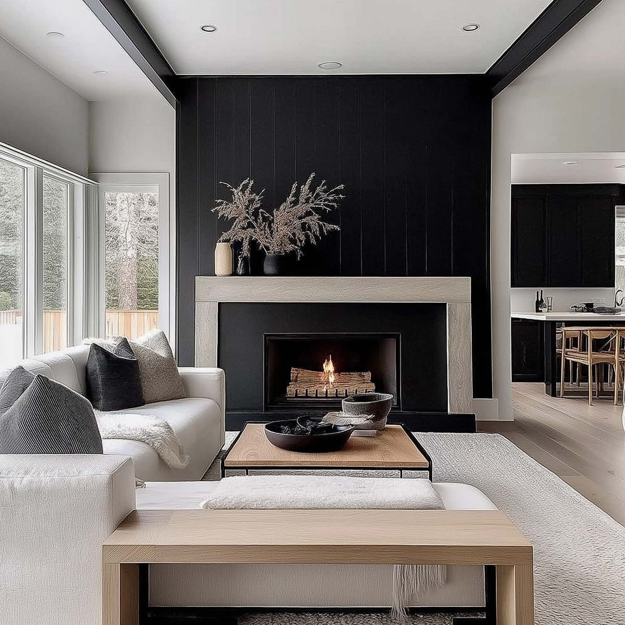Modern living room featuring a bold black fireplace wall, white sofa with textured pillows, natural wood coffee table, neutral area rug, and minimalist decor accents like black vases and dried pampas grass.