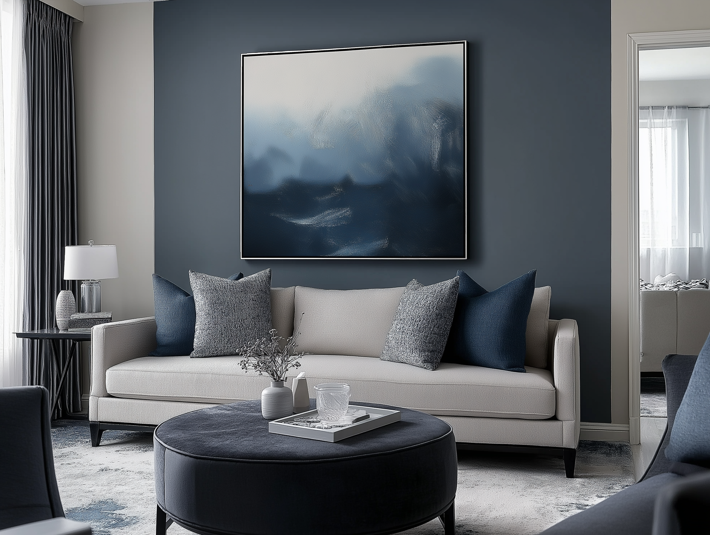 A calming living room featuring a navy blue feature wall, neutral sofa adorned with navy and grey throw pillows, a plush velvet ottoman, abstract ocean artwork, and elegant decorative accents like a white lamp and textured vases.