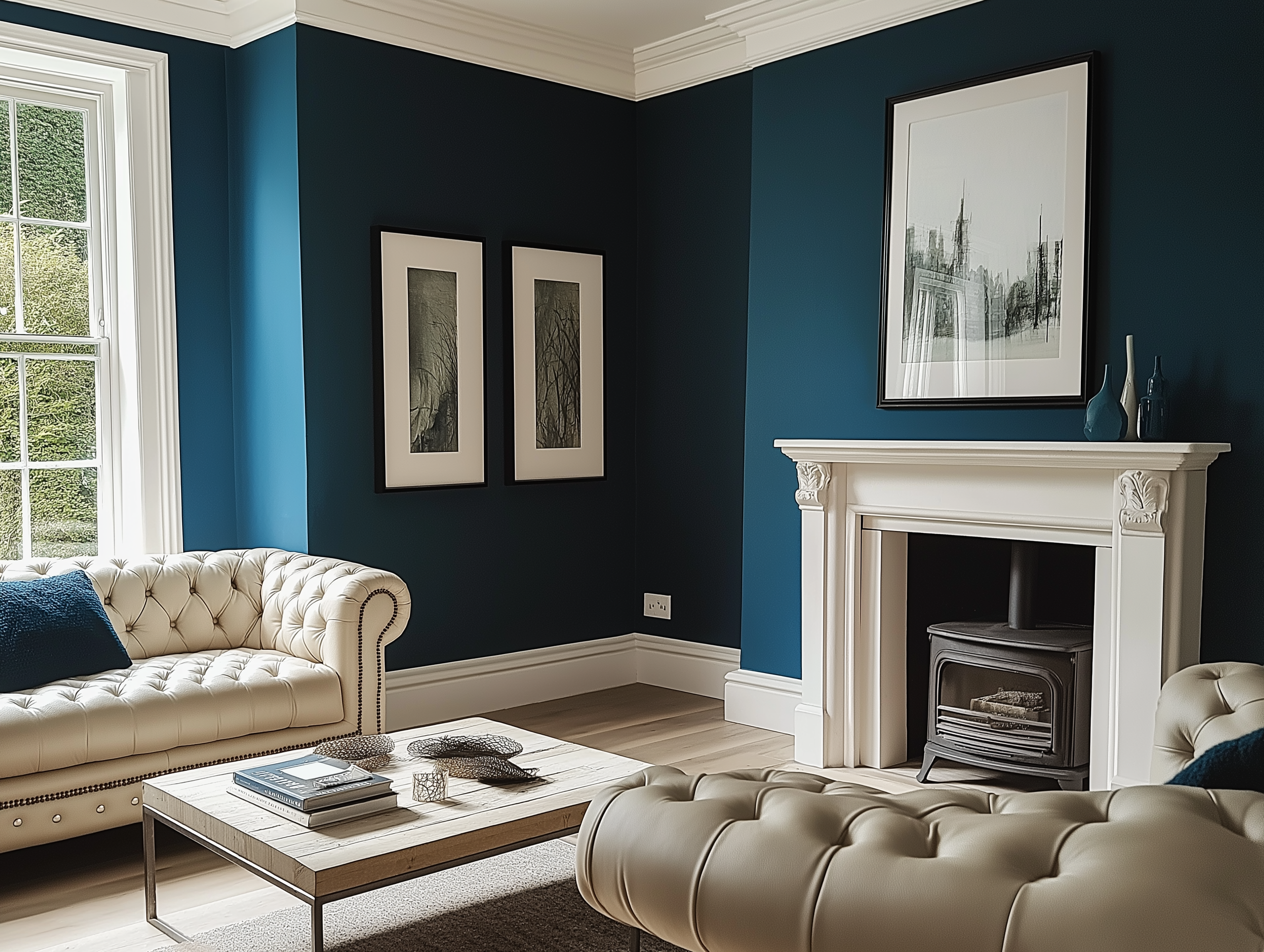 Elegant living room with deep blue walls, tufted cream Chesterfield sofas, a classic white fireplace, minimalist black-and-white wall art, and a light wood coffee table accented with modern decor.