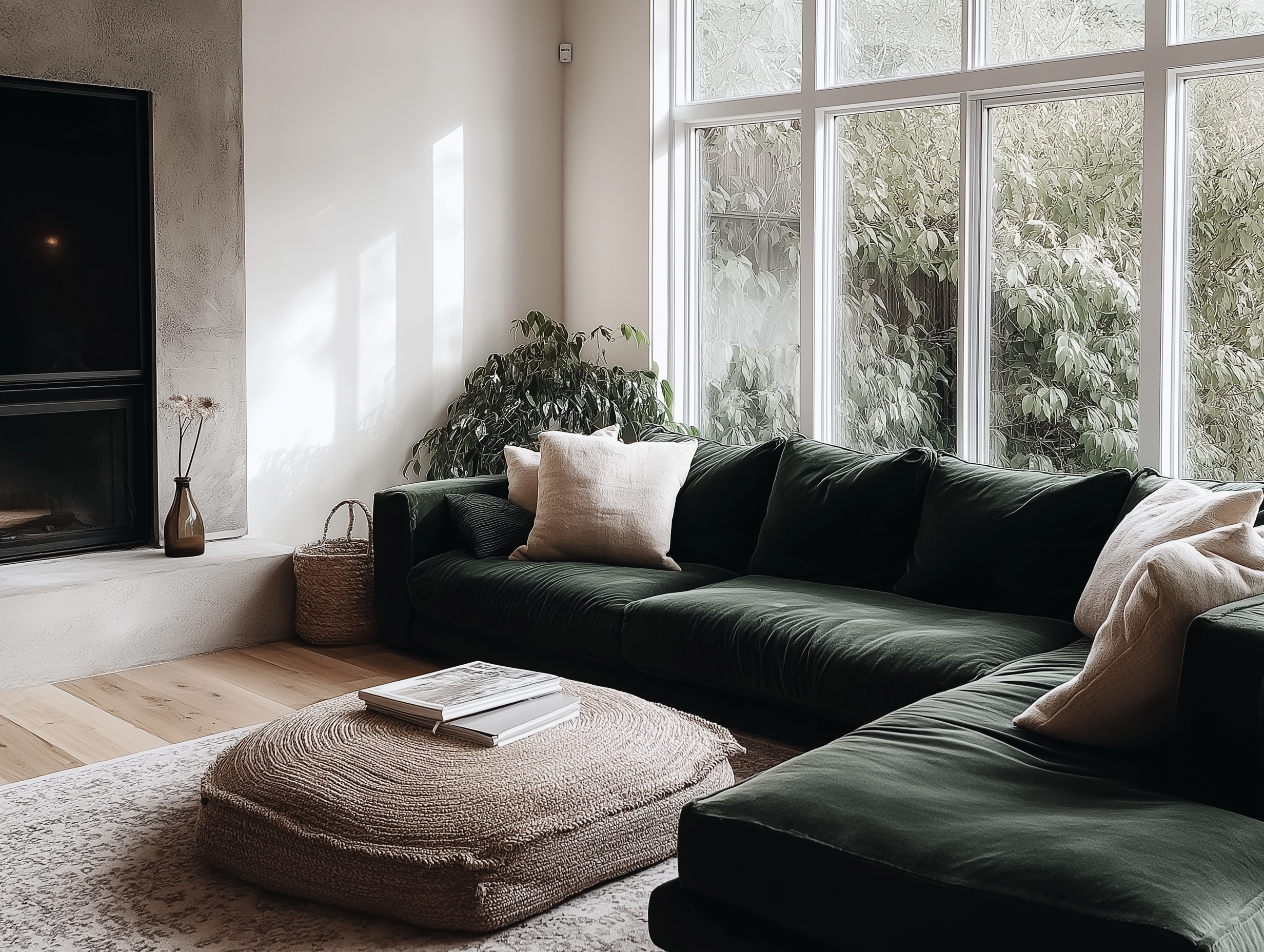 Modern living room featuring a deep green velvet sectional, a woven ottoman, floor-to-ceiling windows with natural light, and minimalist earthy decor, blending indoor and outdoor vibes seamlessly.