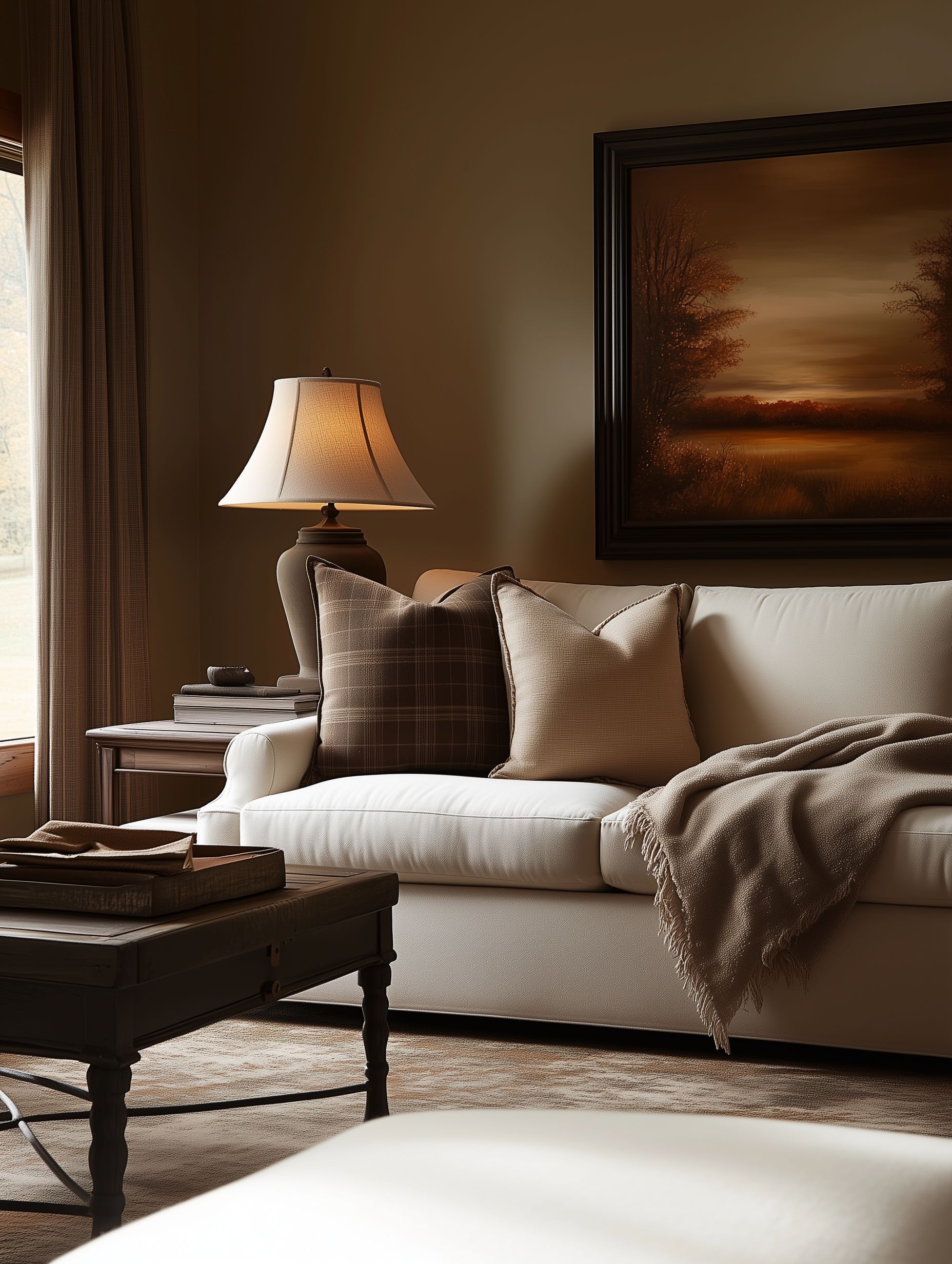 A casual home setting with warm, rich colors that complement beige, such as deep browns, warm greys, and earthy tones. The scene is well-lit to highlight the cozy and stylish atmosphere of the environment.