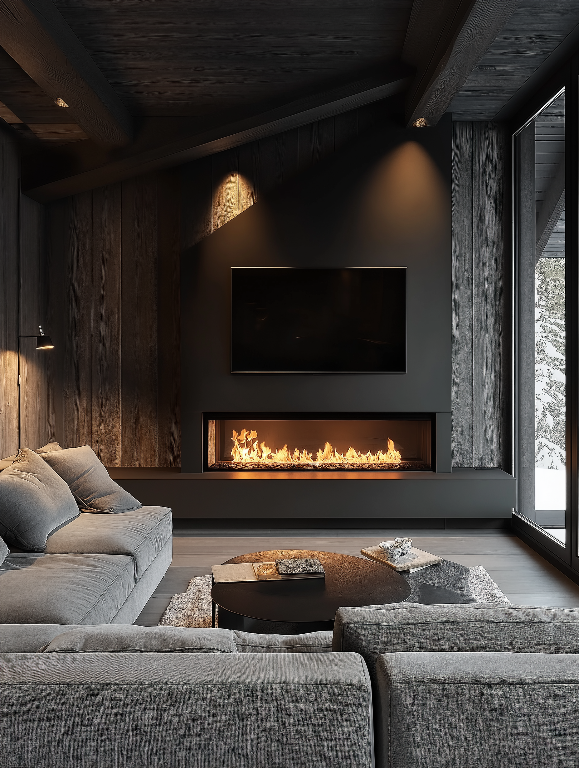 a TV area in gray shades with a black fireplace, a corner sofa opposite, expensive, chic, the lighting is warm, the view is cozy, stylish design with warm wooden elements.