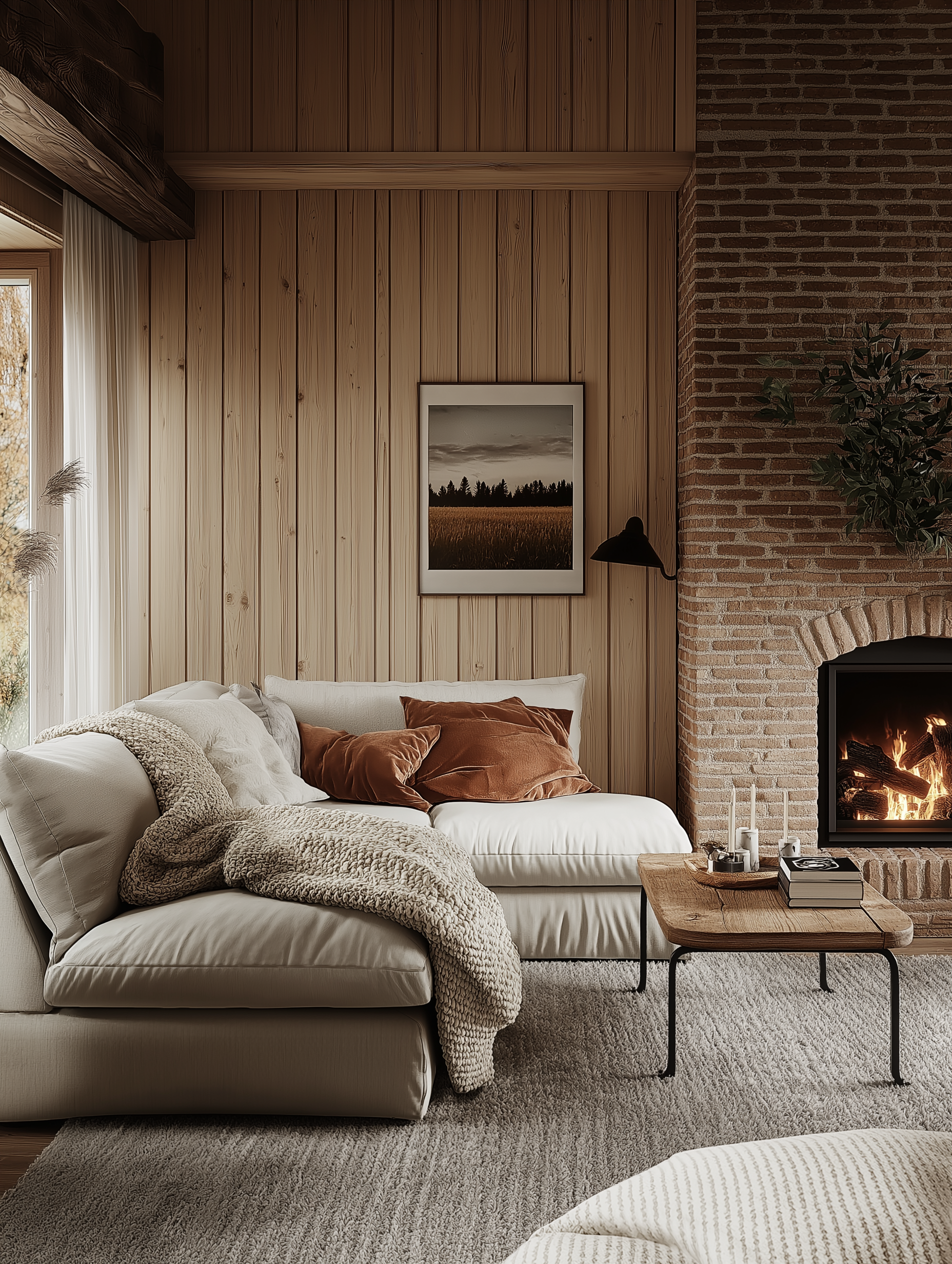 a warm and inviting living room with comfy seating, velvet pillows, knitted throw, vertical light, pine panelling and brick and rustic accents.