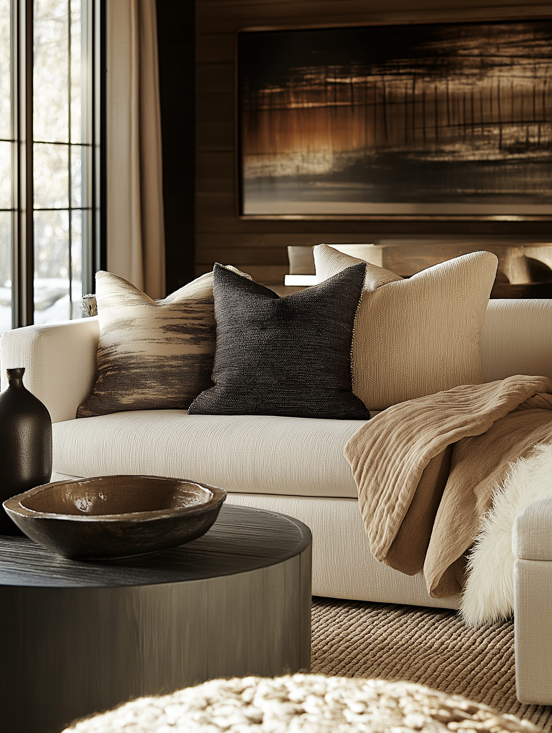 A combination of different textures, like soft fabrics on the sofa, sleek metal table, and shiplap type rough wood walls, adding a visual interest to this living space. Creating a cozy yet sophisticated atmosphere that invites tactile exploration.